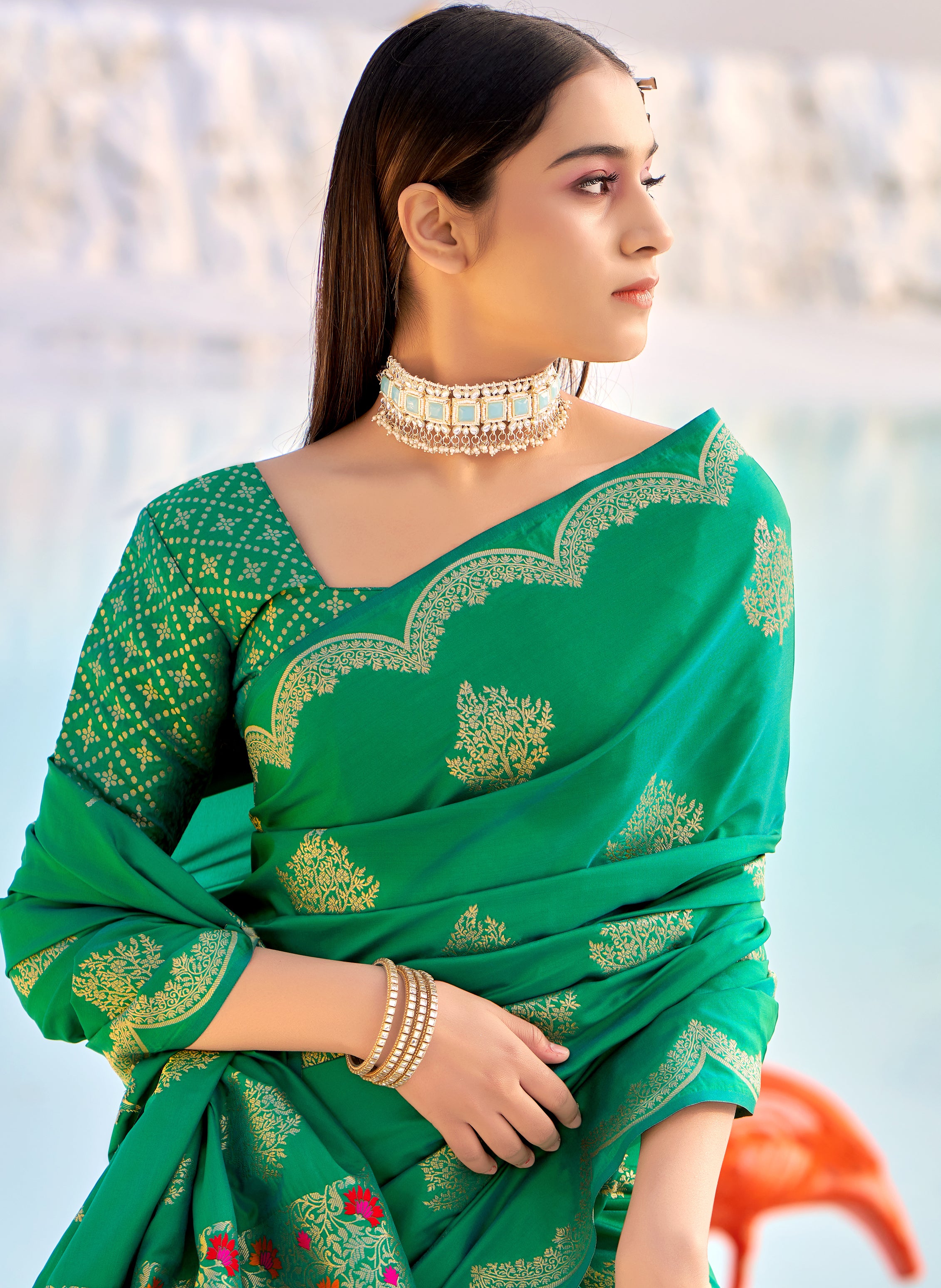 Women's Turquoise Banarasi Silk Festival Traditional Designer Saree - Monjolika
