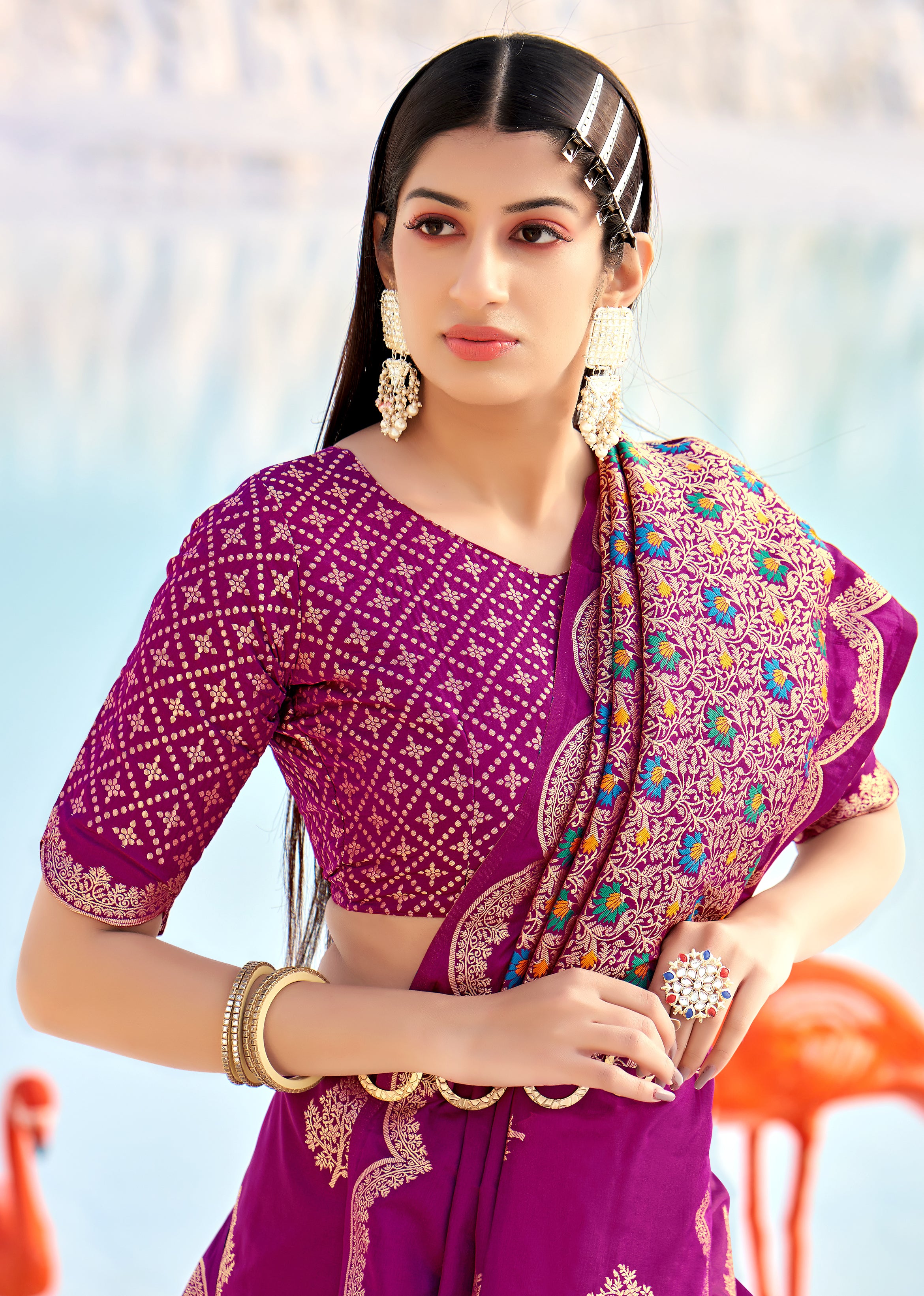 Women's Dark Purple Banarasi Silk Festival Traditional Designer Saree - Monjolika