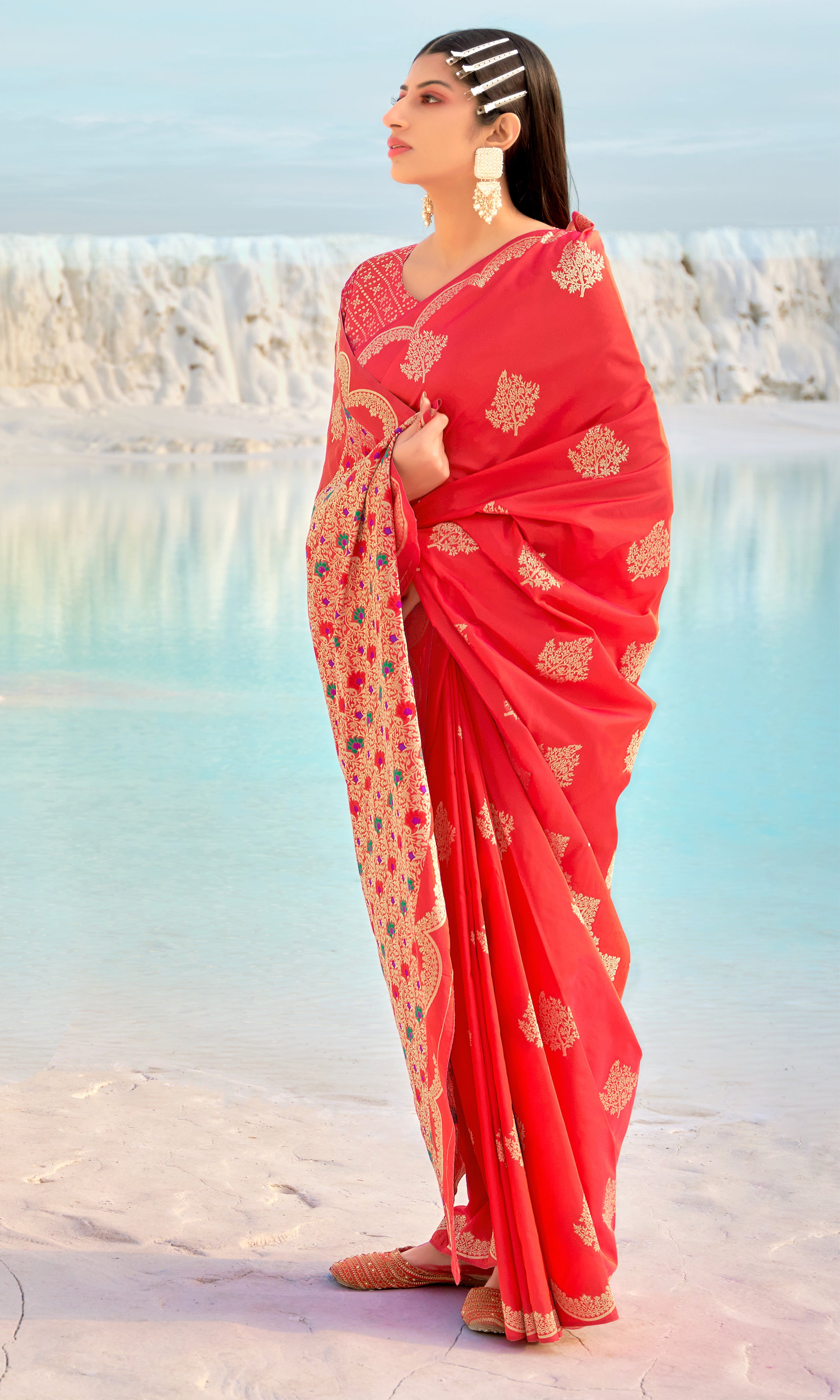 Women's Red Banarasi Silk Festival Traditional Designer Saree - Monjolika