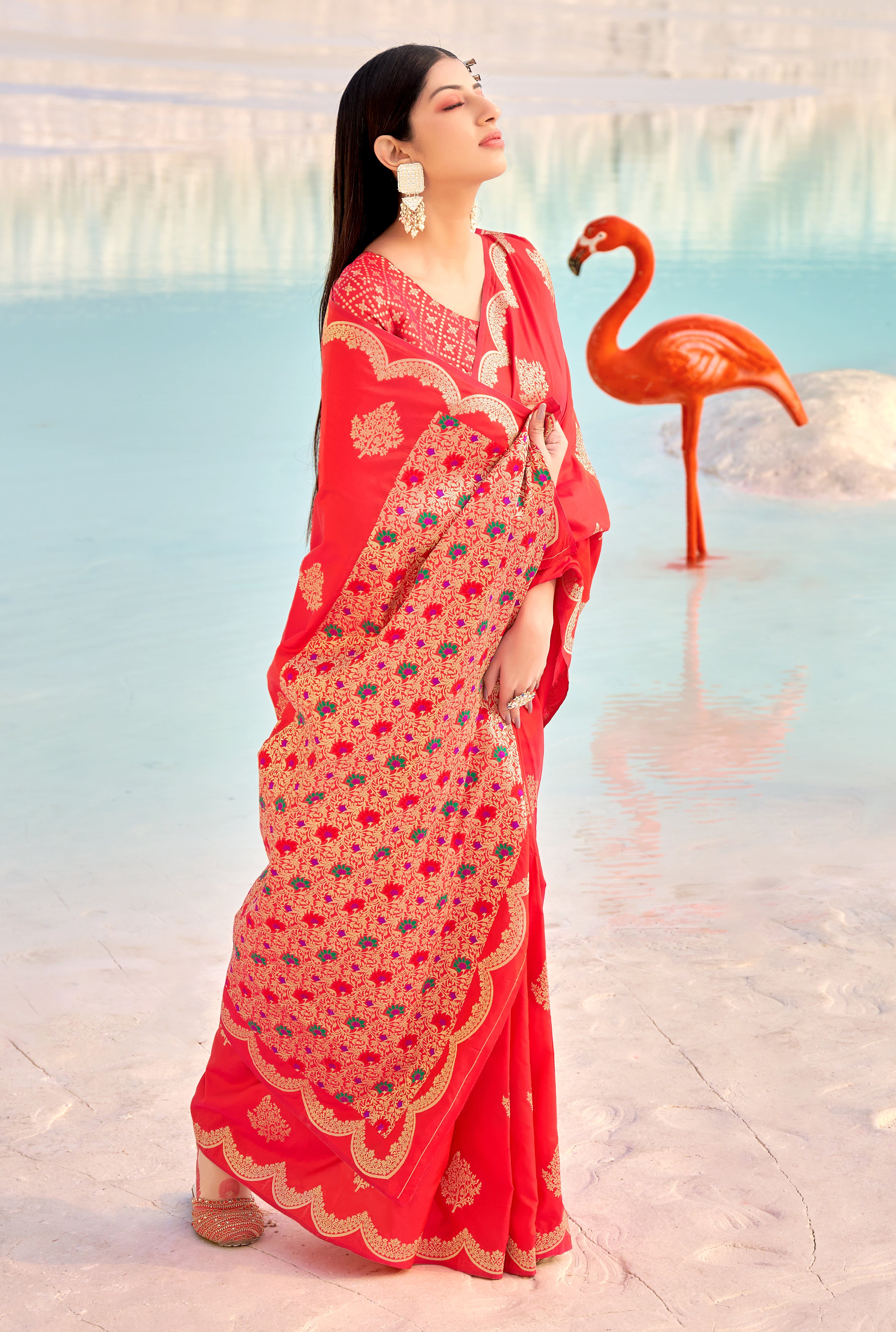 Women's Red Banarasi Silk Festival Traditional Designer Saree - Monjolika