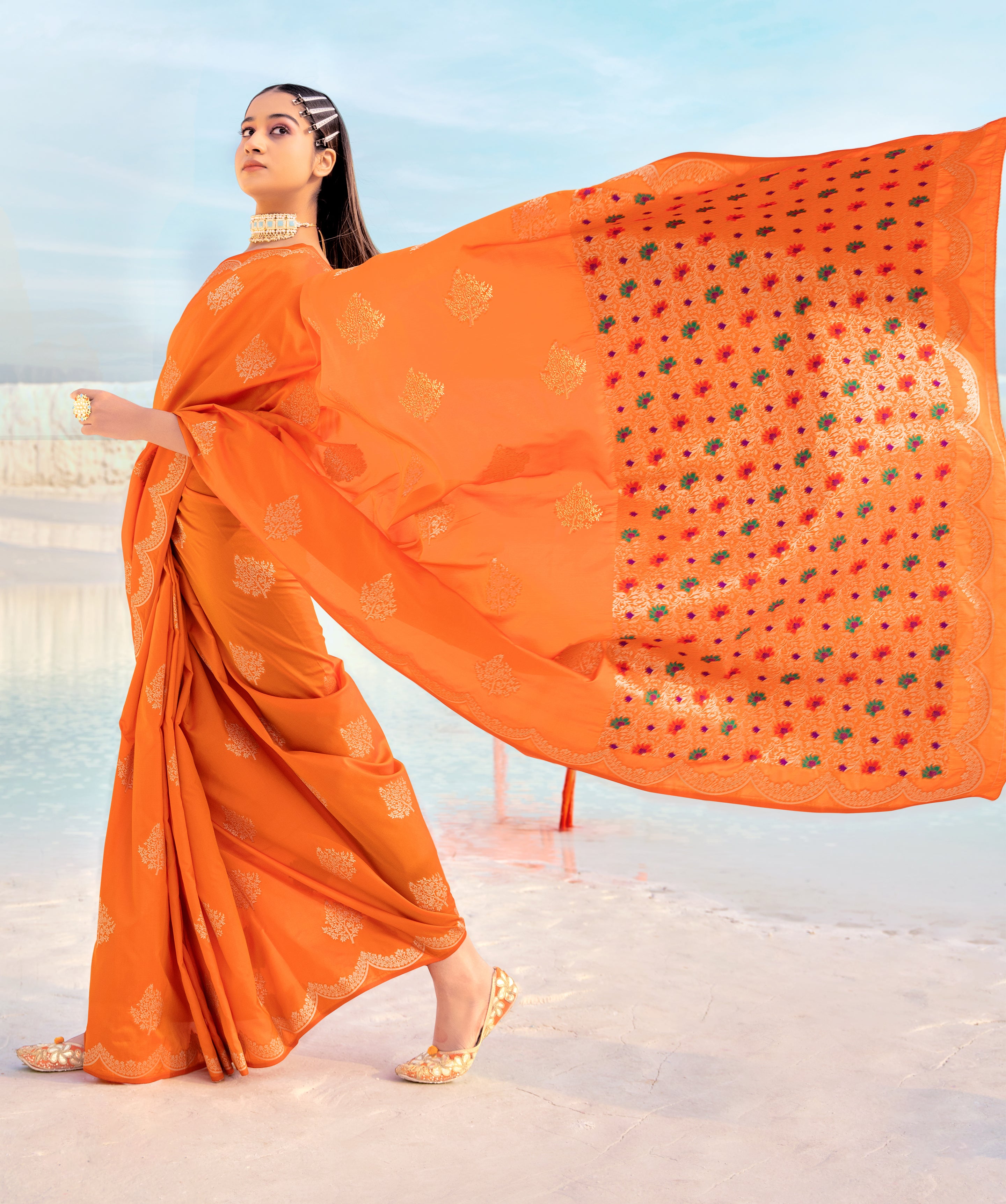 Women's Orange Banarasi Silk Festival Traditional Designer Saree - Monjolika