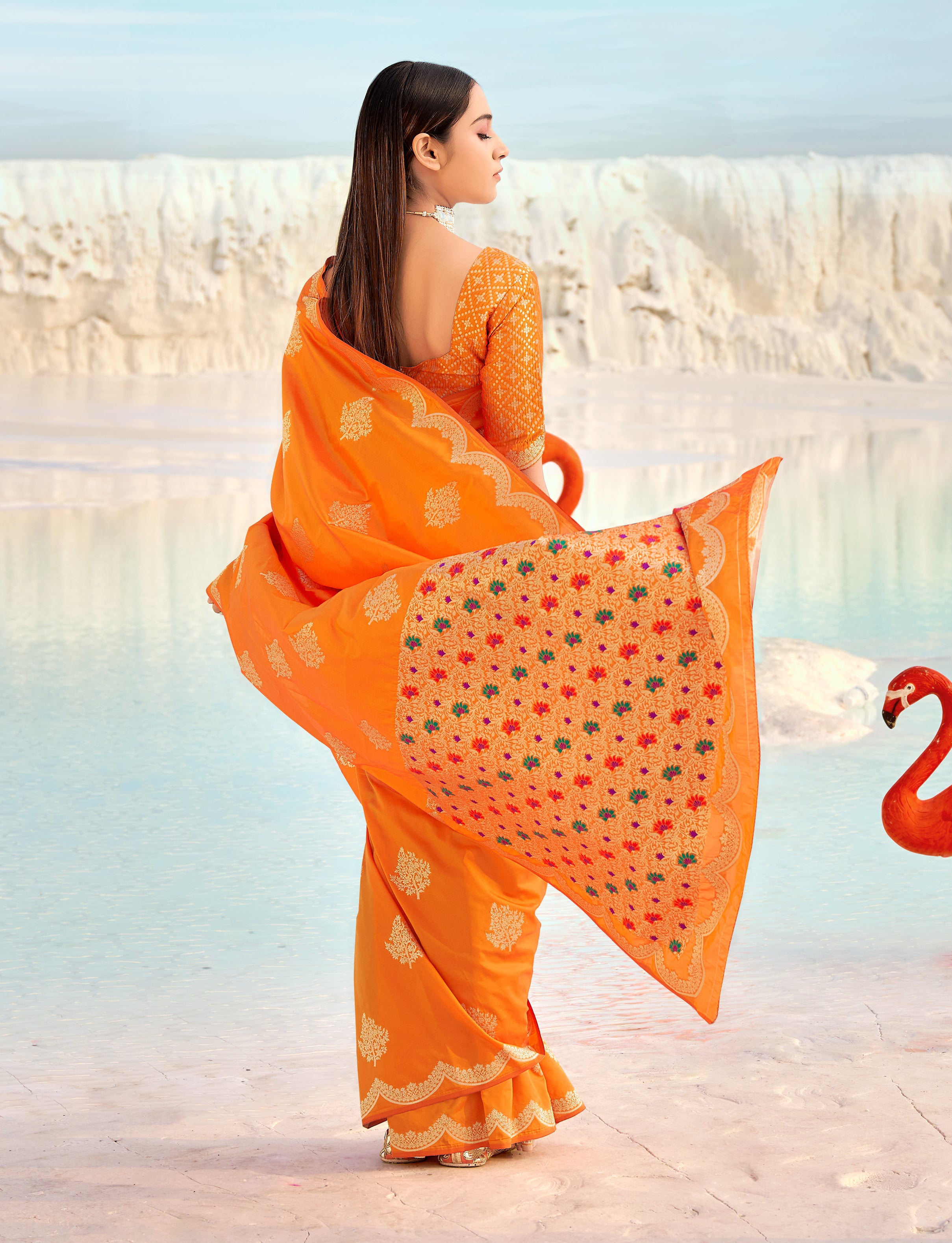 Women's Orange Banarasi Silk Festival Traditional Designer Saree - Monjolika