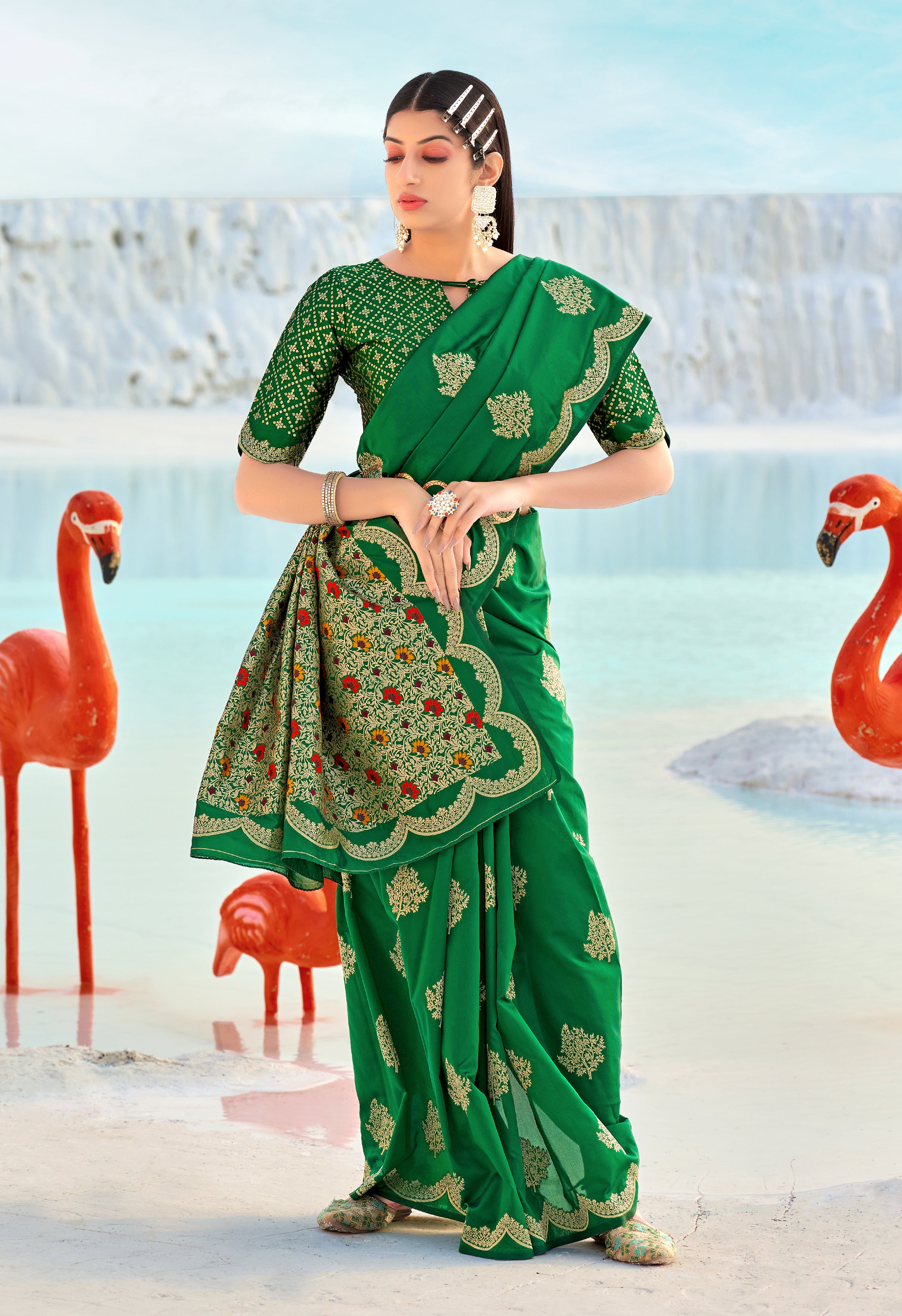 Women's Dark Green Banarasi Silk Festival Traditional Designer Saree - Monjolika