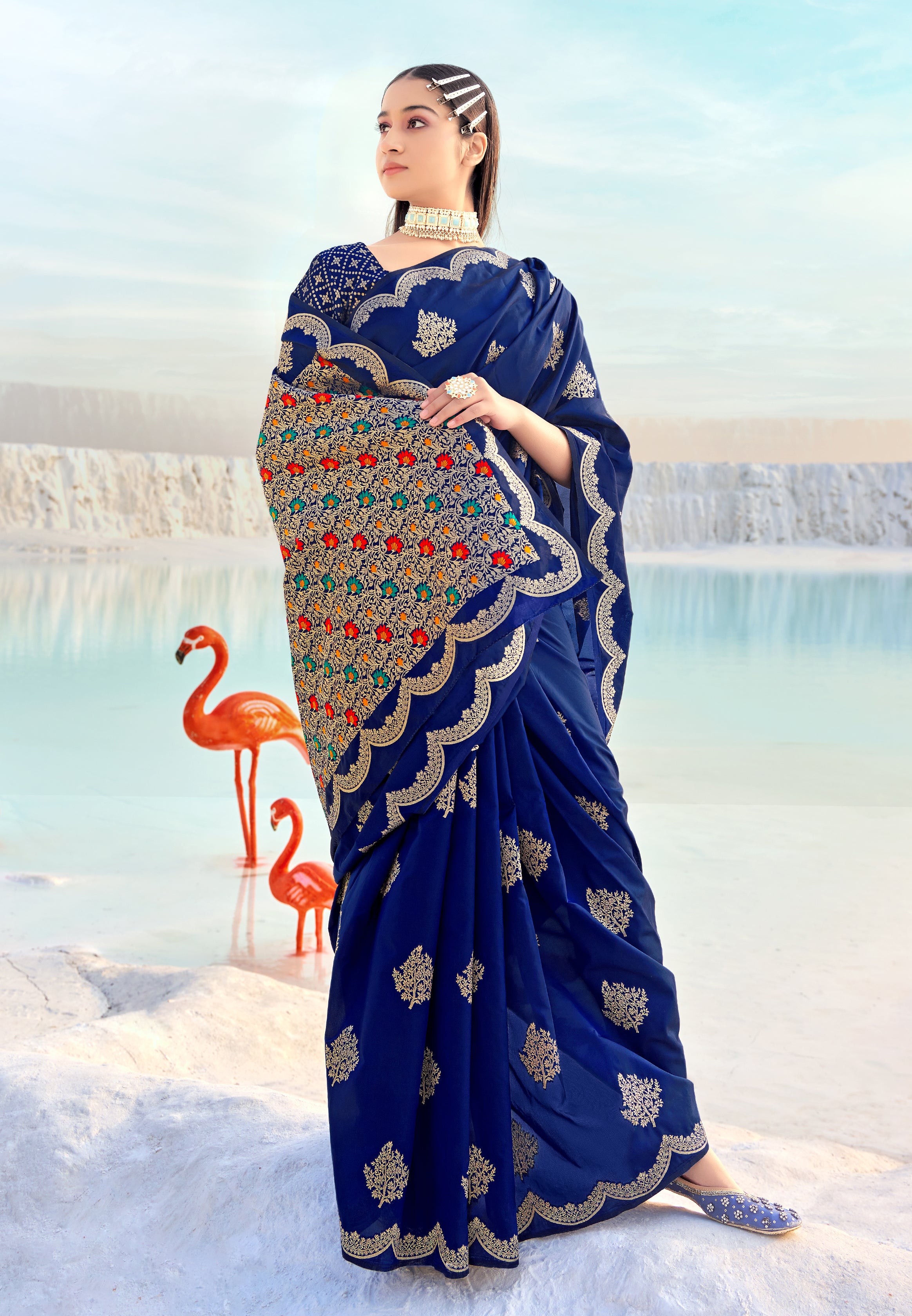 Women's Royal Blue Banarasi Silk Festival Traditional Designer Saree - Monjolika