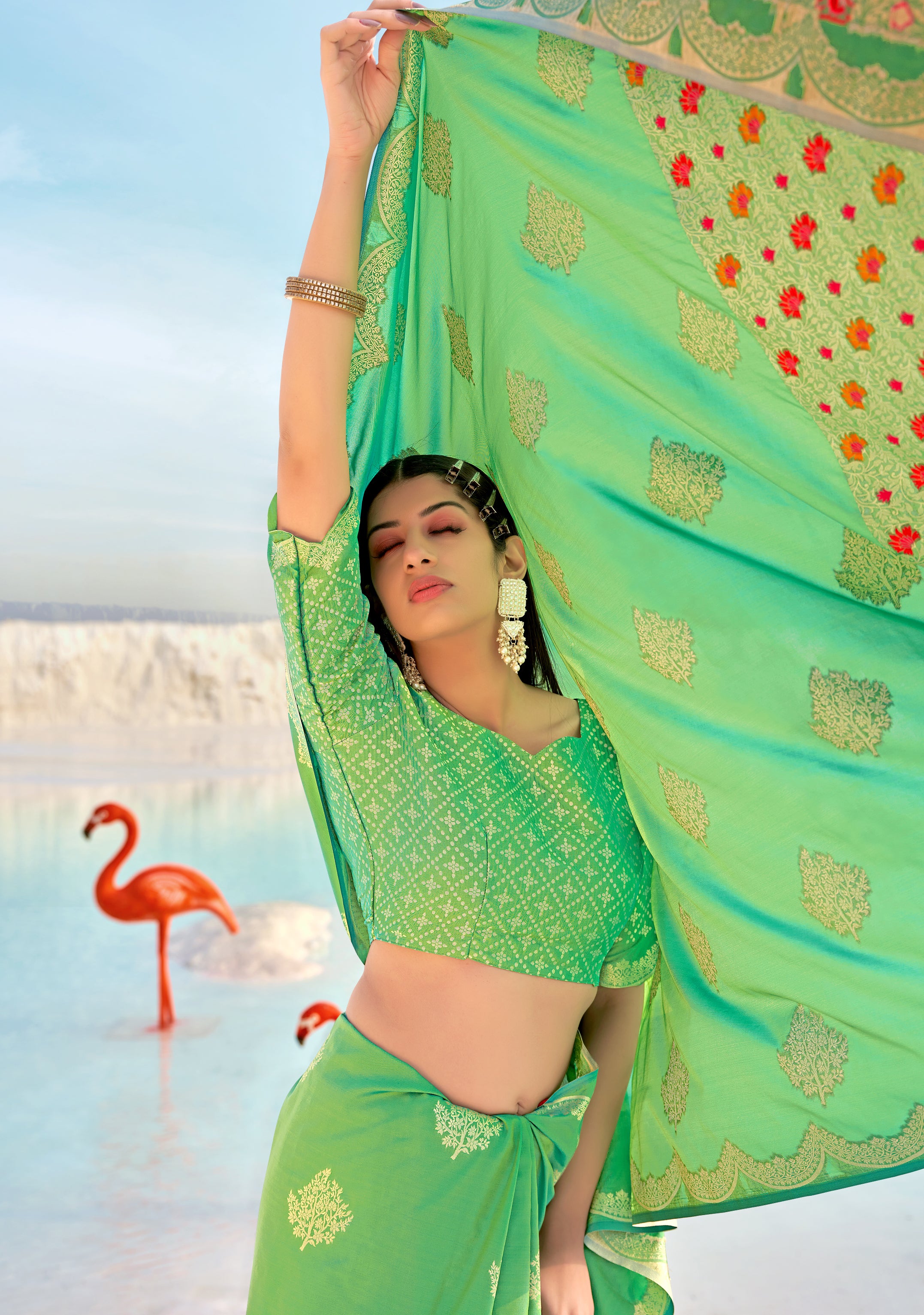 Women's Light Green Banarasi Silk Festival Traditional Designer Saree - Monjolika