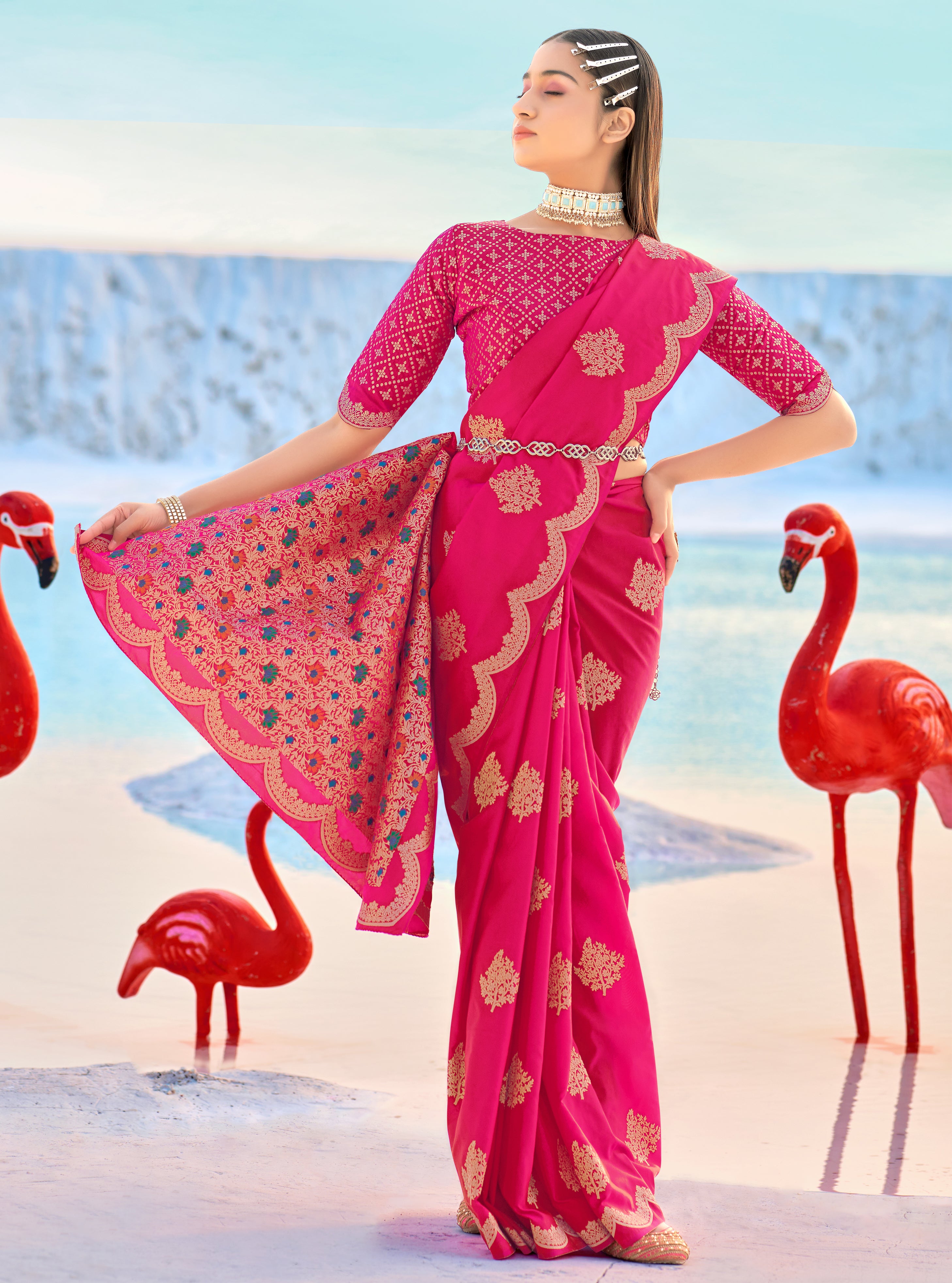 Women's Magenta Banarasi Silk Festival Traditional Designer Saree - Monjolika