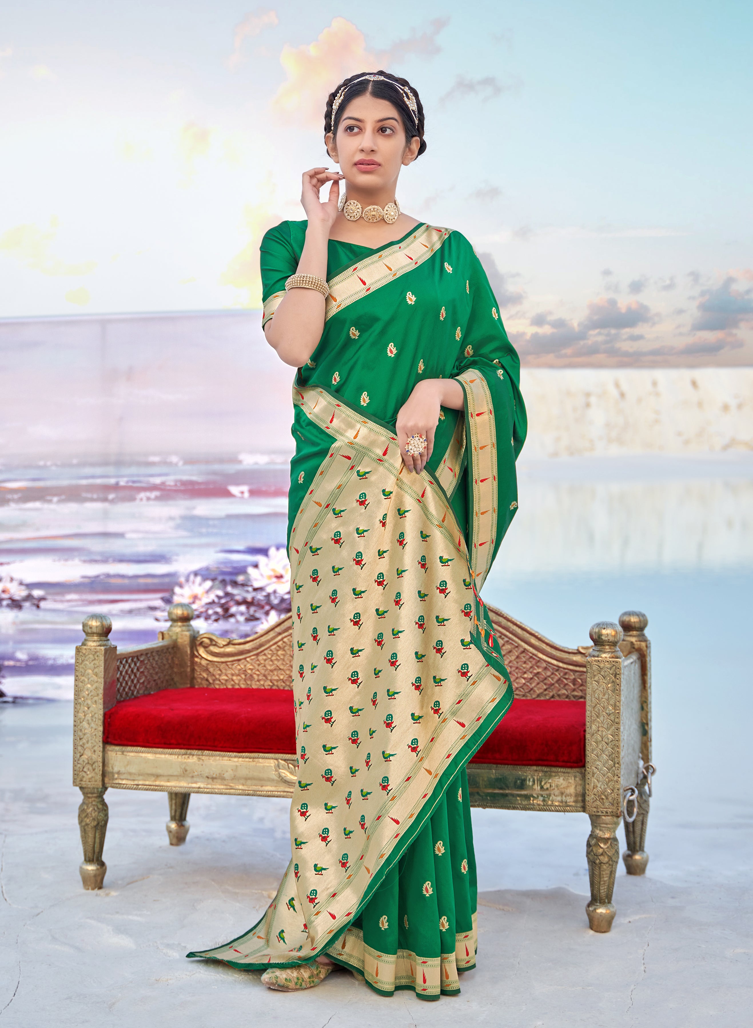 Women's Green Banarasi Soft Silk Weaving Traditional Designer Saree - Monjolika