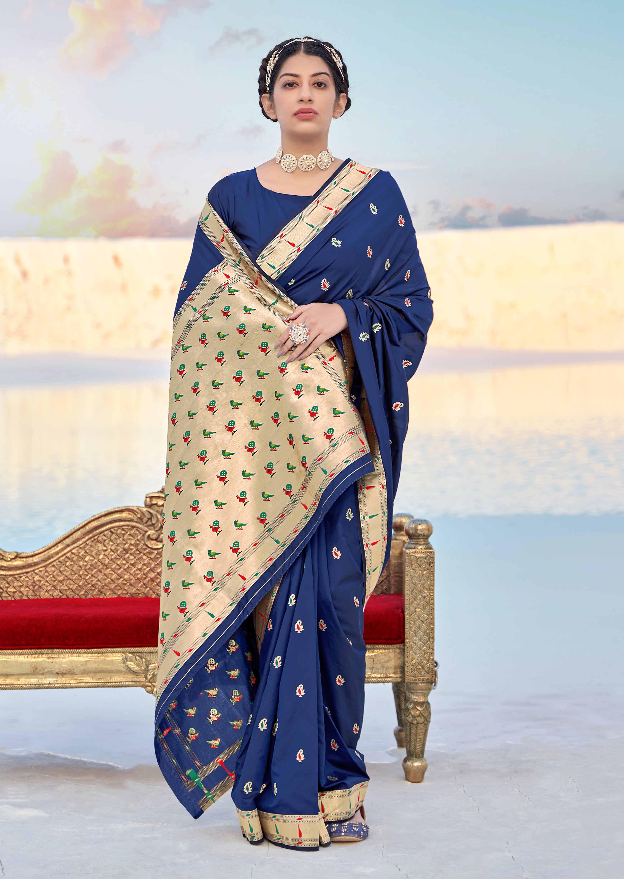 Women's Navy Blue Banarasi Soft Silk Weaving Traditional Designer Saree - Monjolika