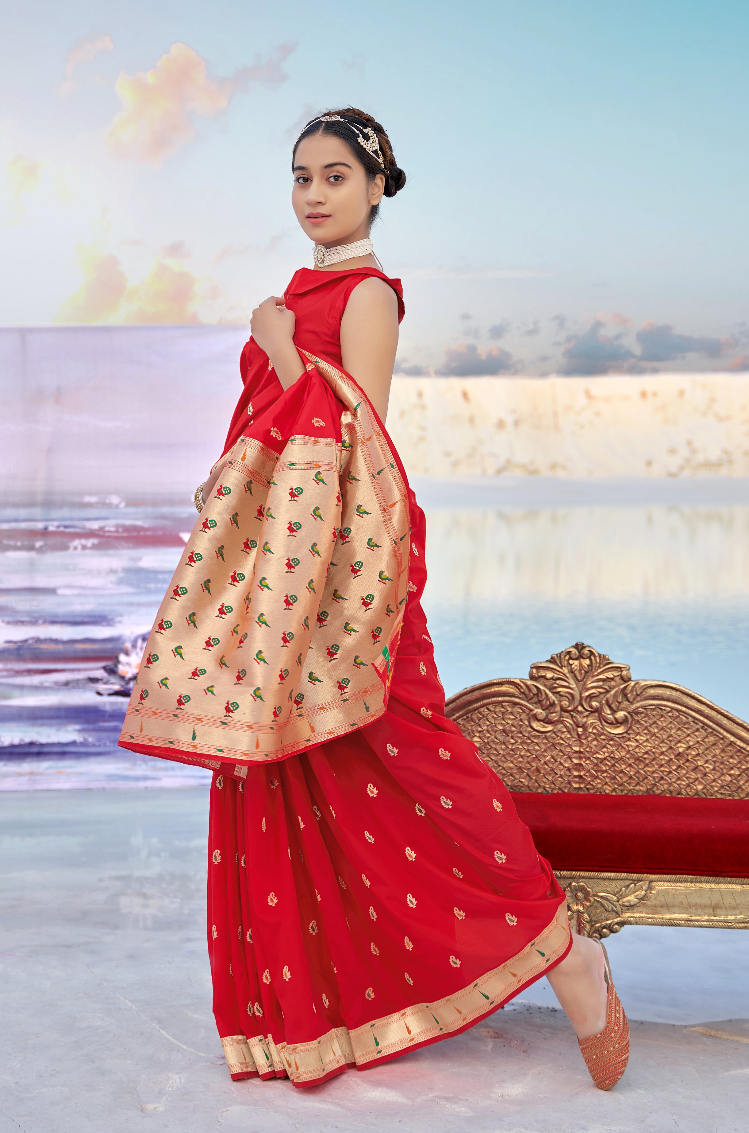 Women's Scarlet Red Banarasi Soft Silk Weaving Traditional Designer Saree - Monjolika