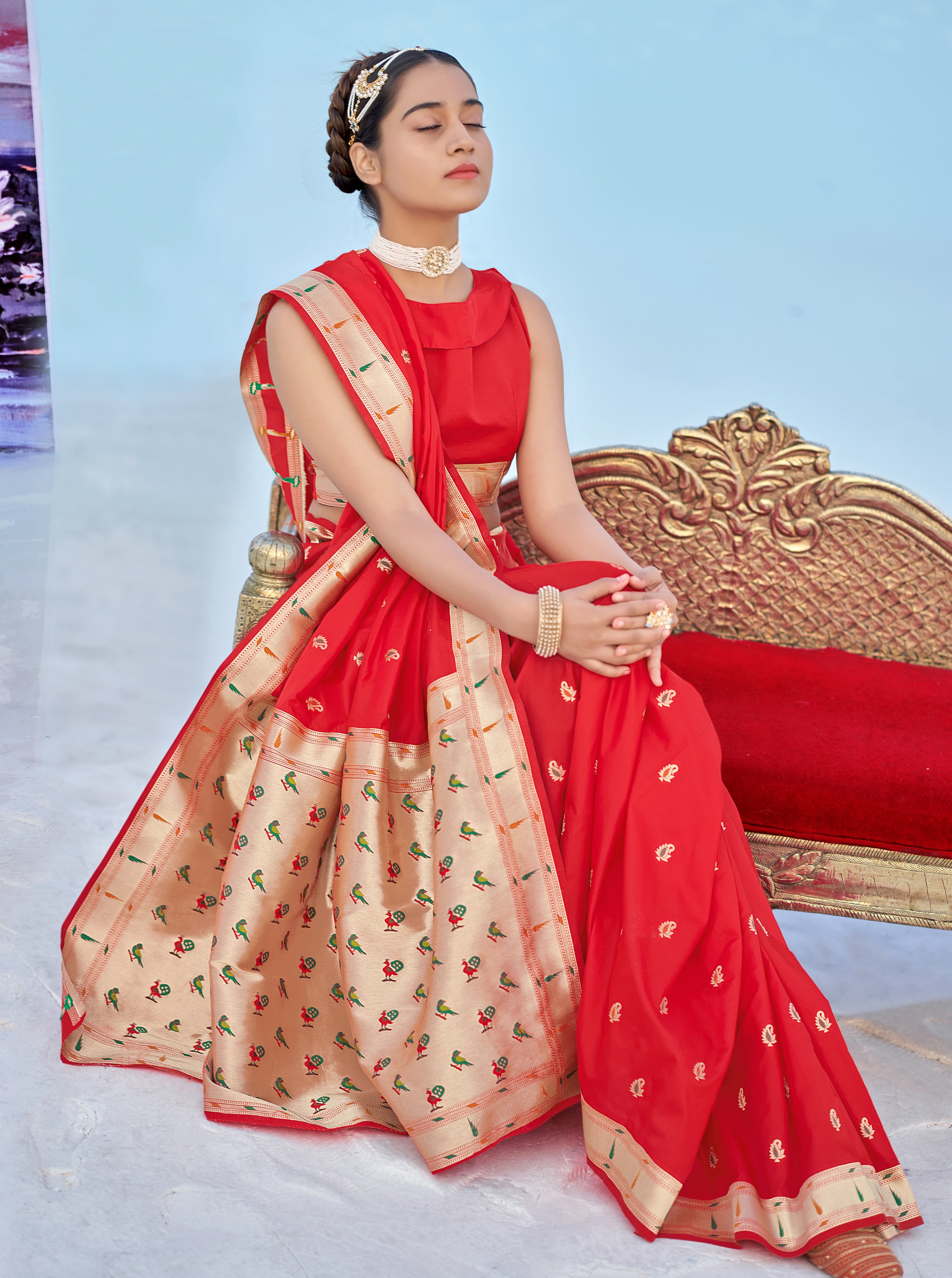 Women's Scarlet Red Banarasi Soft Silk Weaving Traditional Designer Saree - Monjolika