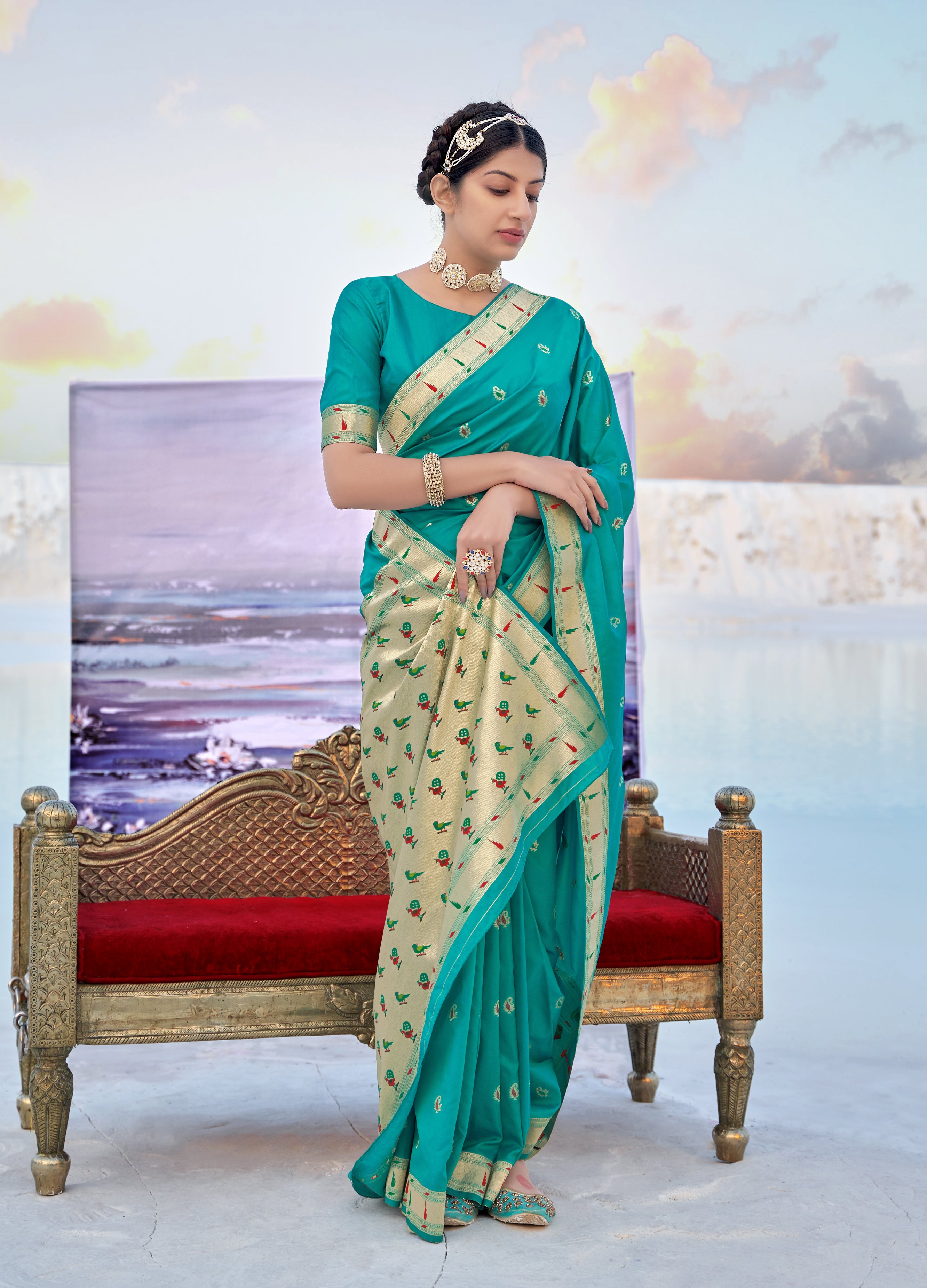 Women's Teal Banarasi Soft Silk Weaving Traditional Designer Saree - Monjolika
