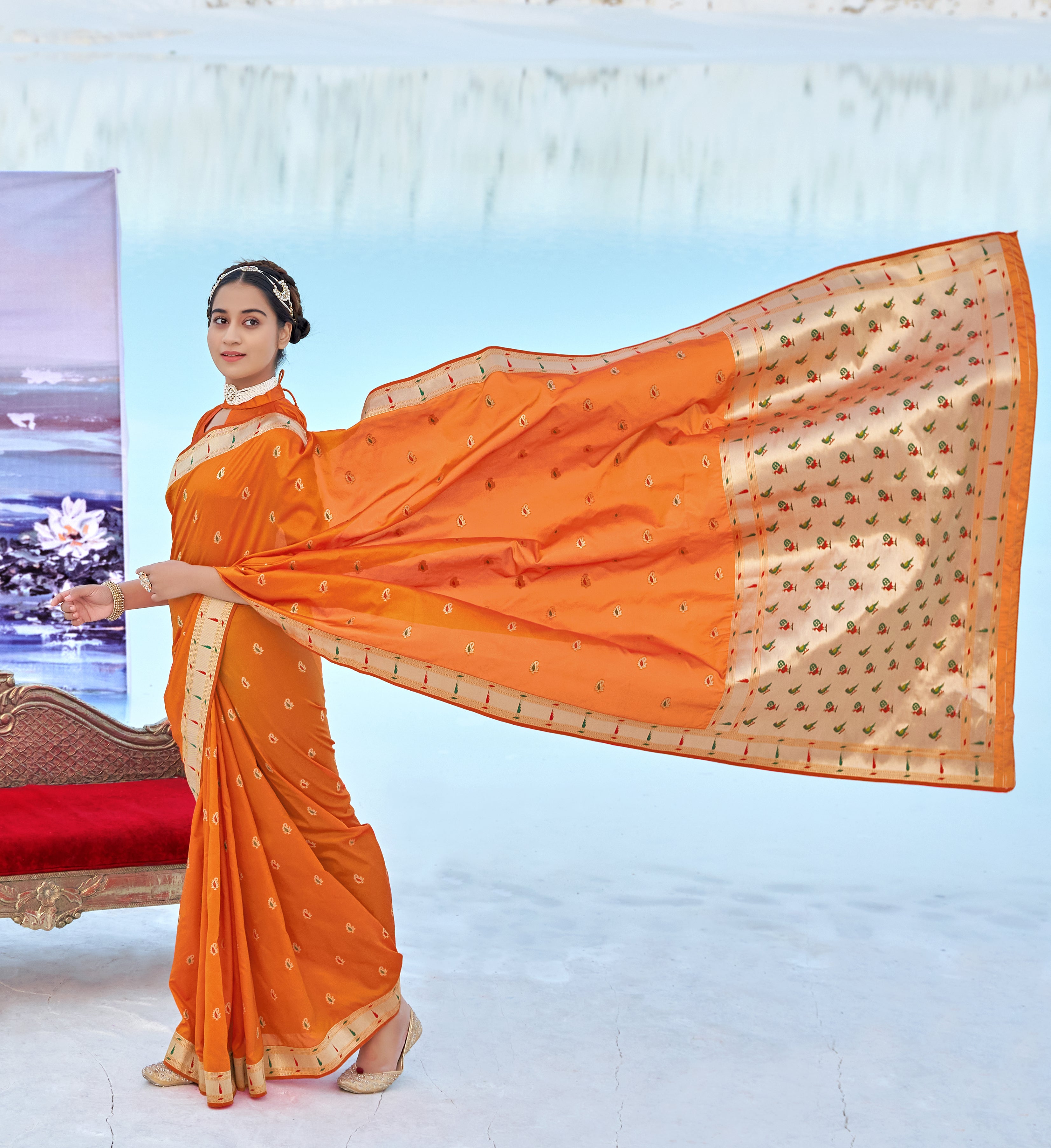 Women's Orange Banarasi Soft Silk Weaving Traditional Designer Saree - Monjolika