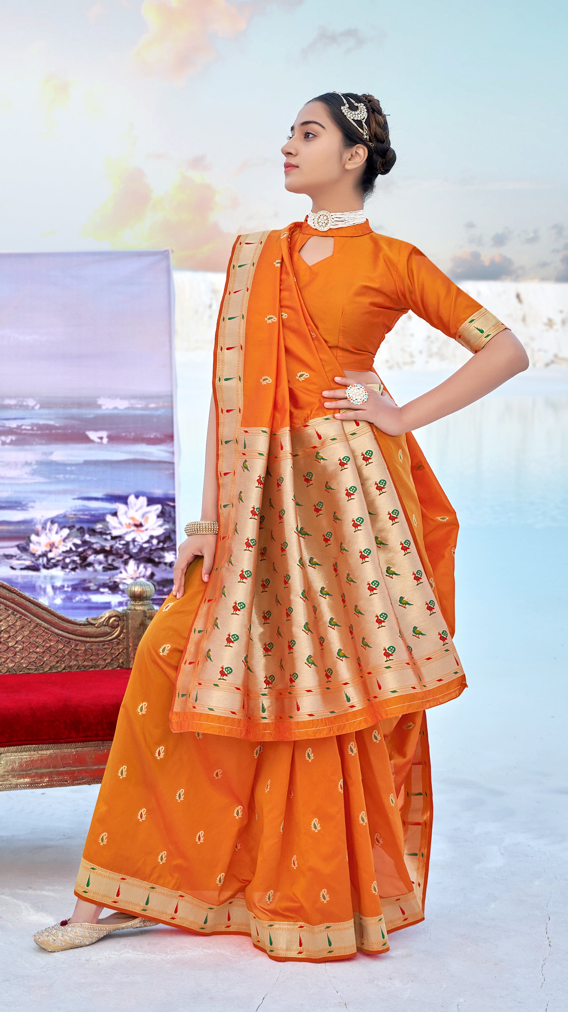 Women's Orange Banarasi Soft Silk Weaving Traditional Designer Saree - Monjolika