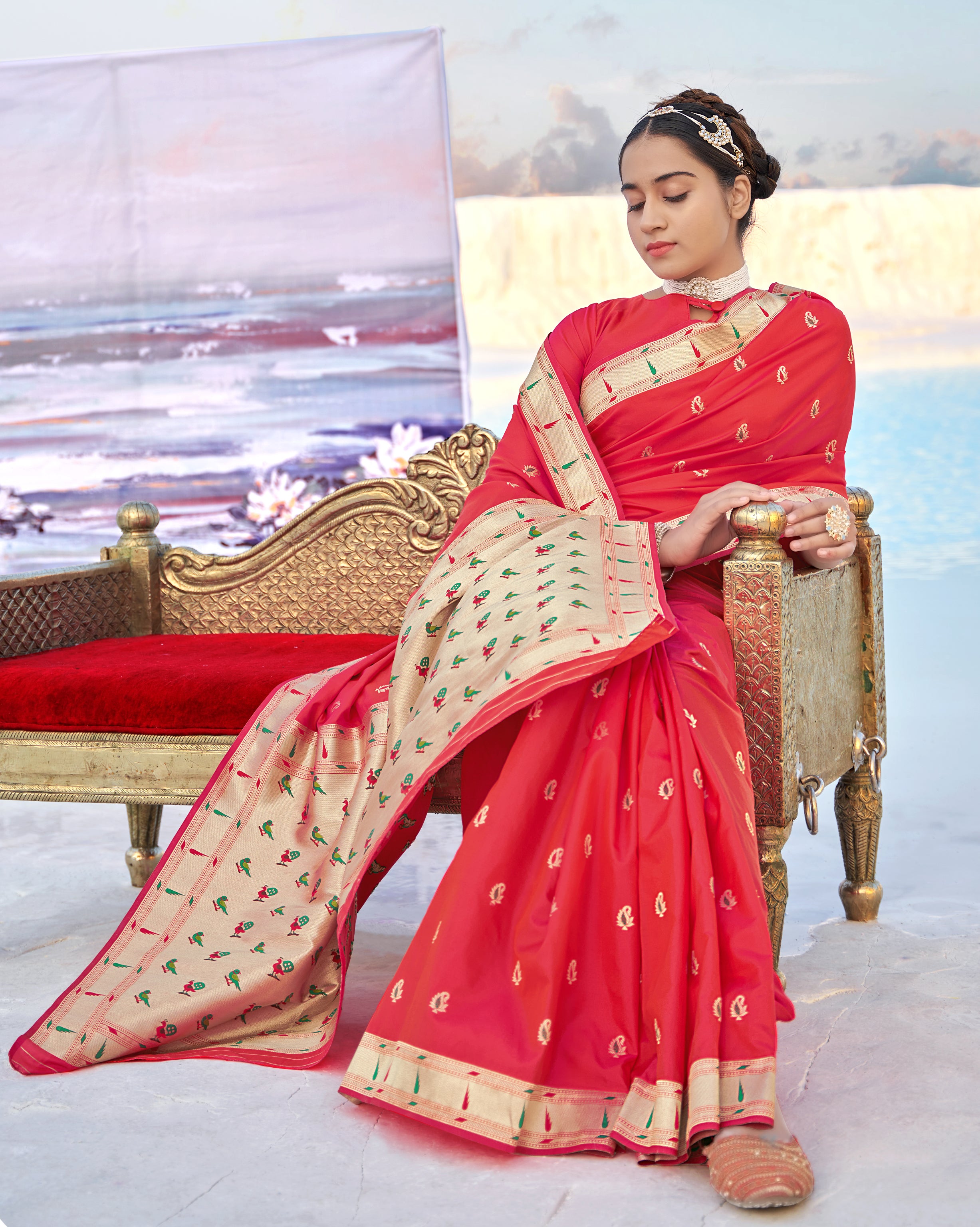 Women's Red Banarasi Soft Silk Weaving Traditional Designer Saree - Monjolika