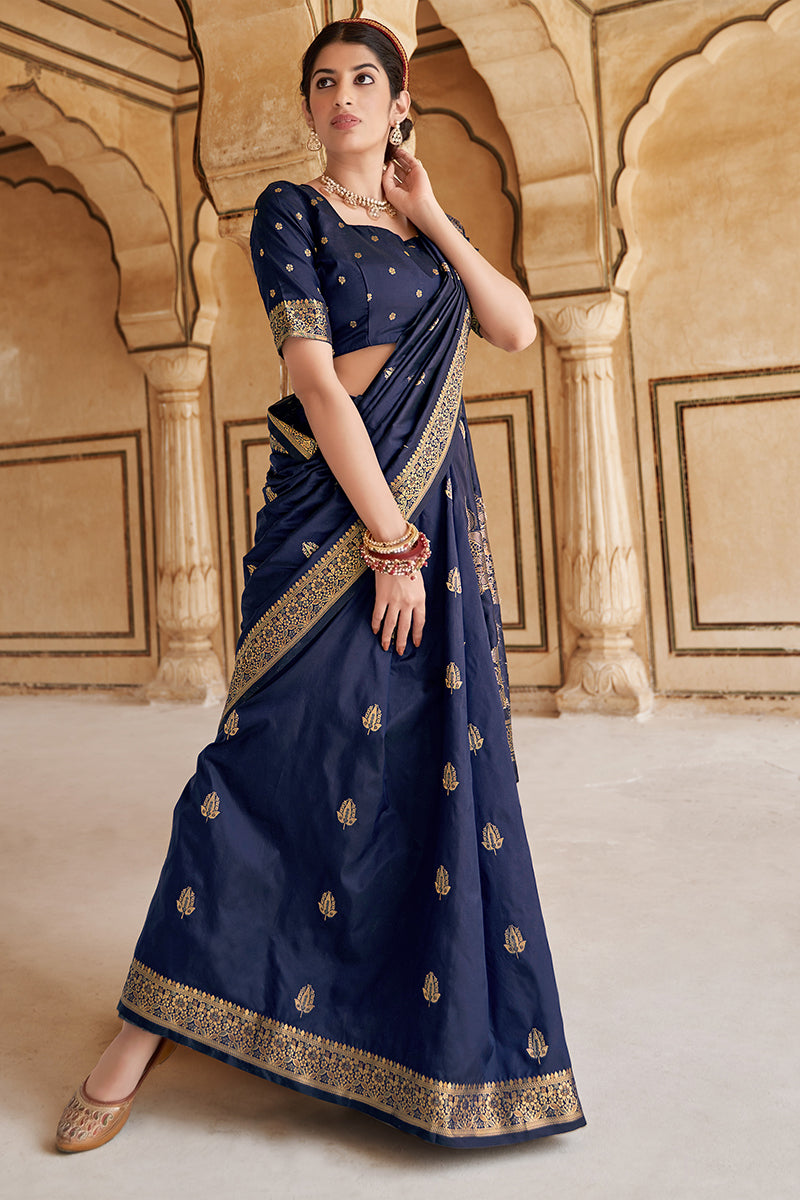 Women's Banarasi Silk Navy Blue Weaving Designer Traditional Saree - Monjolika