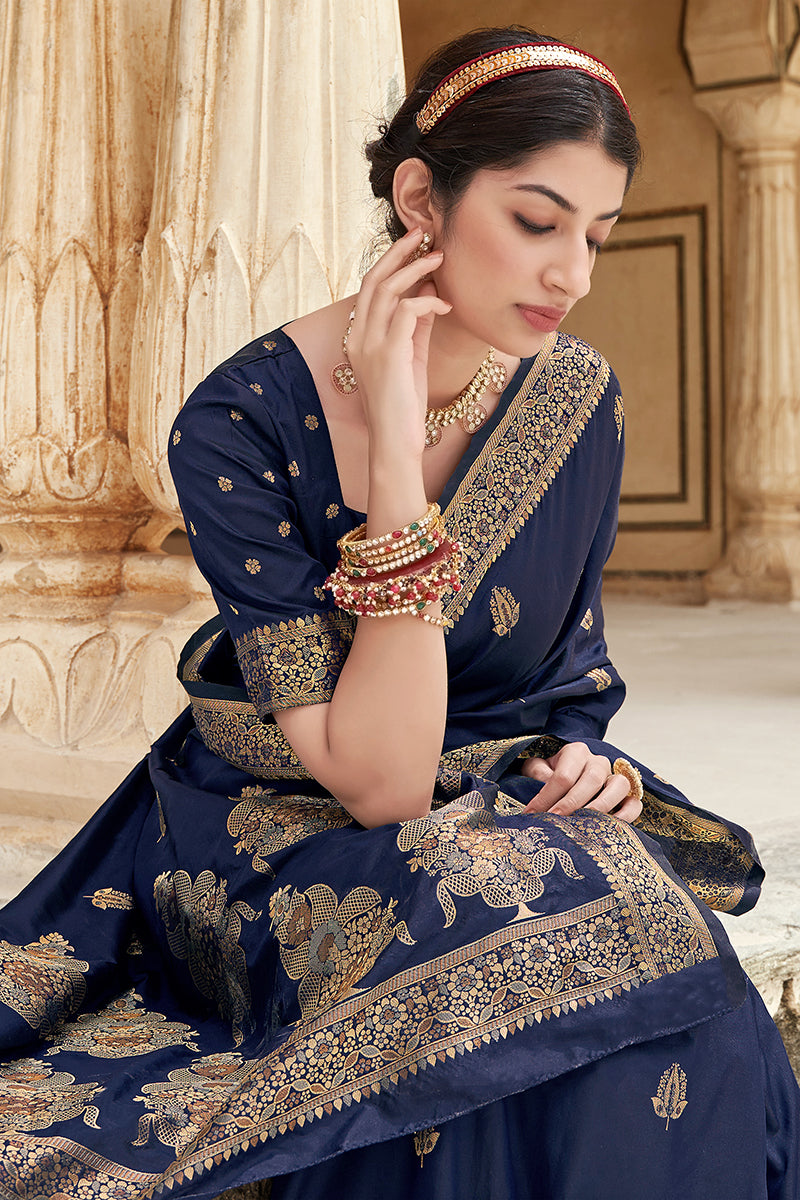 Women's Banarasi Silk Navy Blue Weaving Designer Traditional Saree - Monjolika