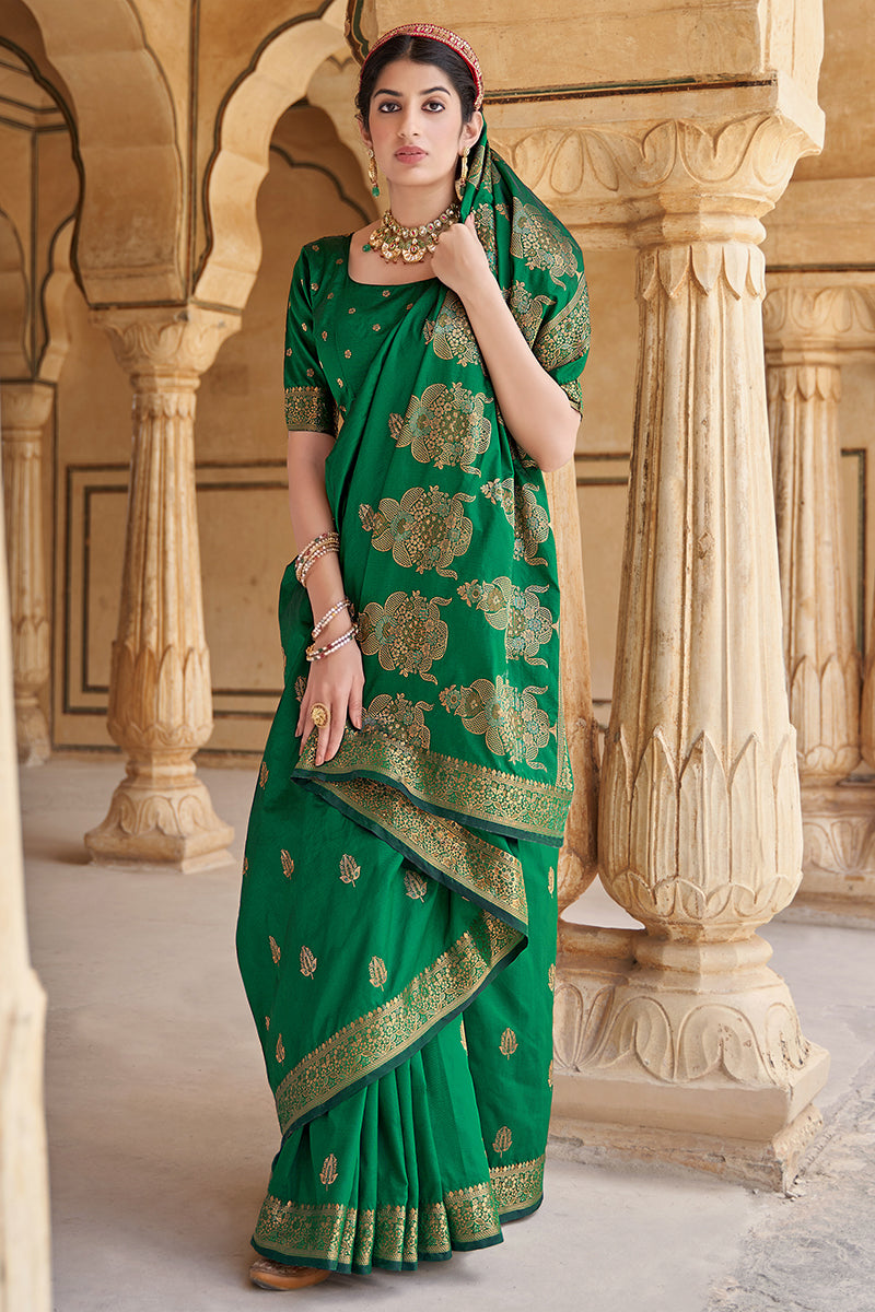 Women's Banarasi Silk Green Weaving Designer Traditional Saree - Monjolika