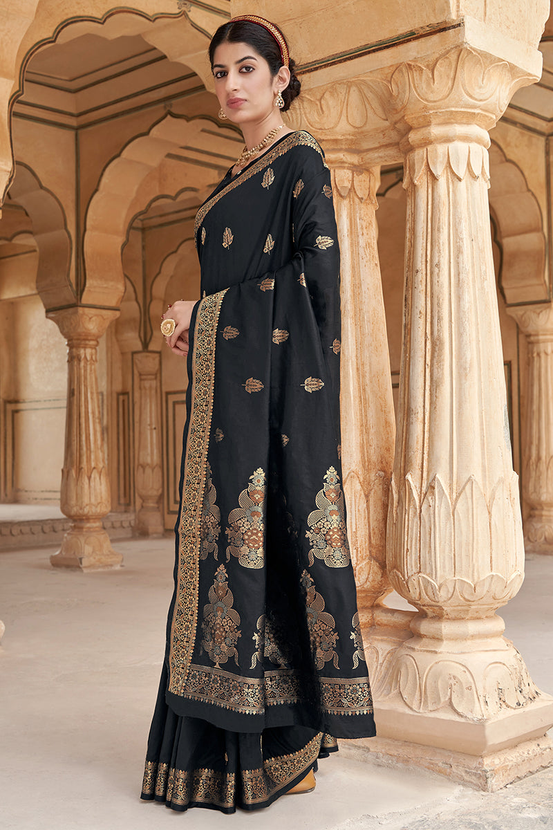 Women's Banarasi Silk Black Weaving Designer Traditional Saree - Monjolika