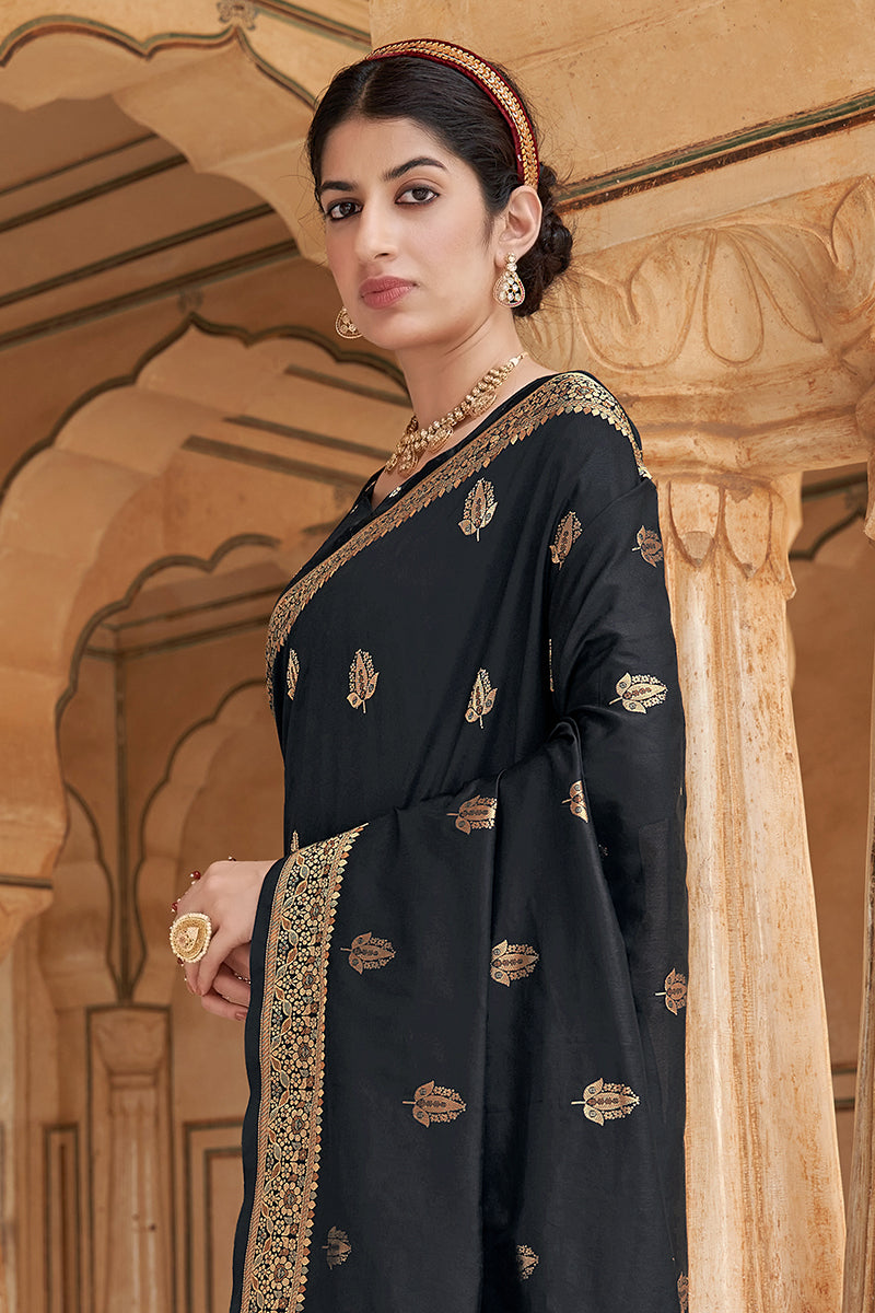 Women's Banarasi Silk Black Weaving Designer Traditional Saree - Monjolika