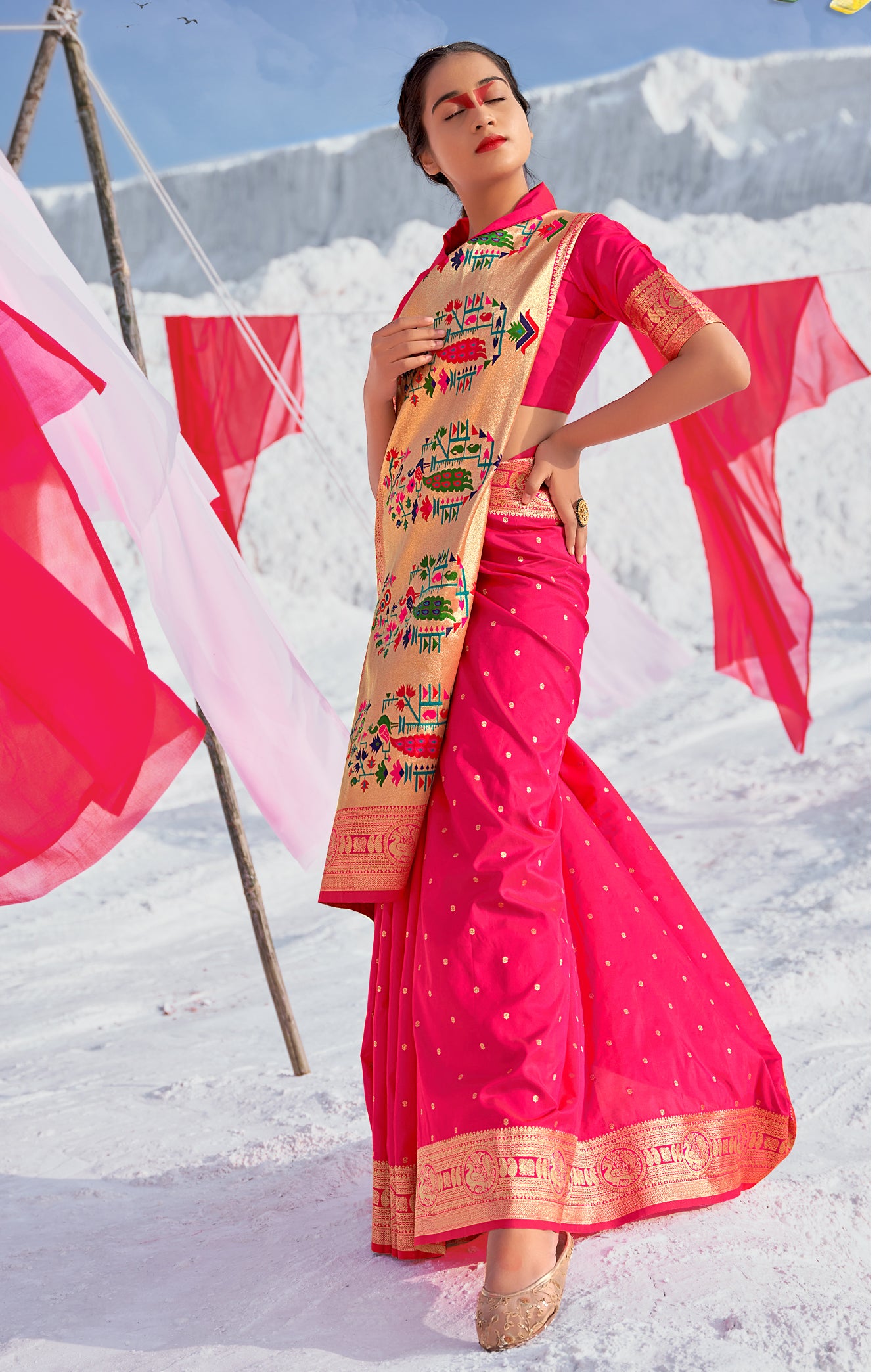 Women's Hot Pink Alluring Wedding Look Saree In Banarasi Silk - Monjolika