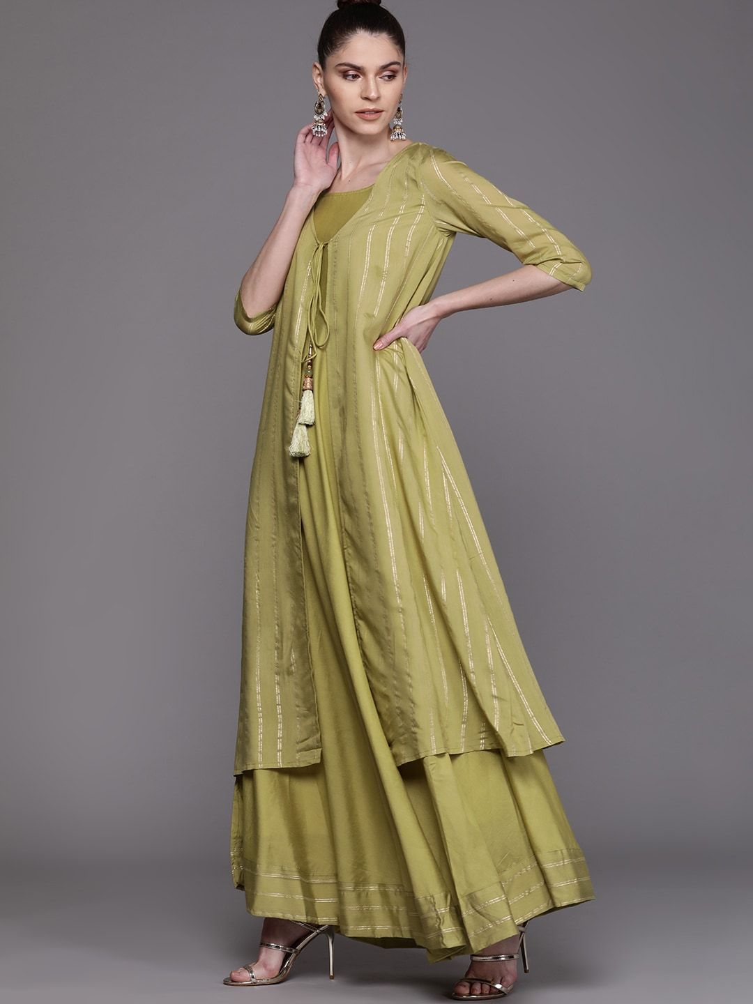 Women's  Olive Green & Golden Striped Layered Maxi Dress - AKS