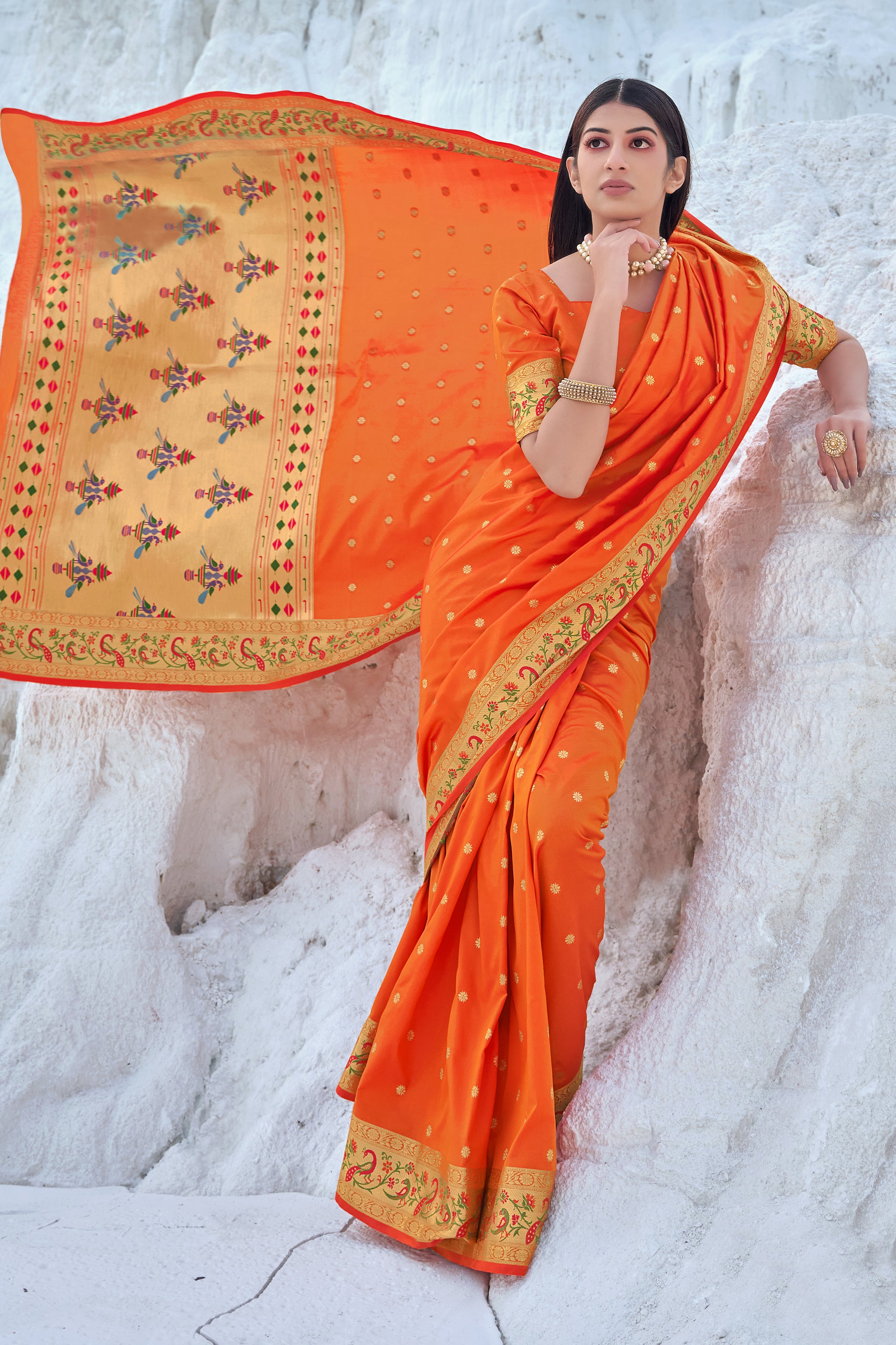 Women's Orange Weaving Banarasi Silk Traditonal Saree - Monjolika