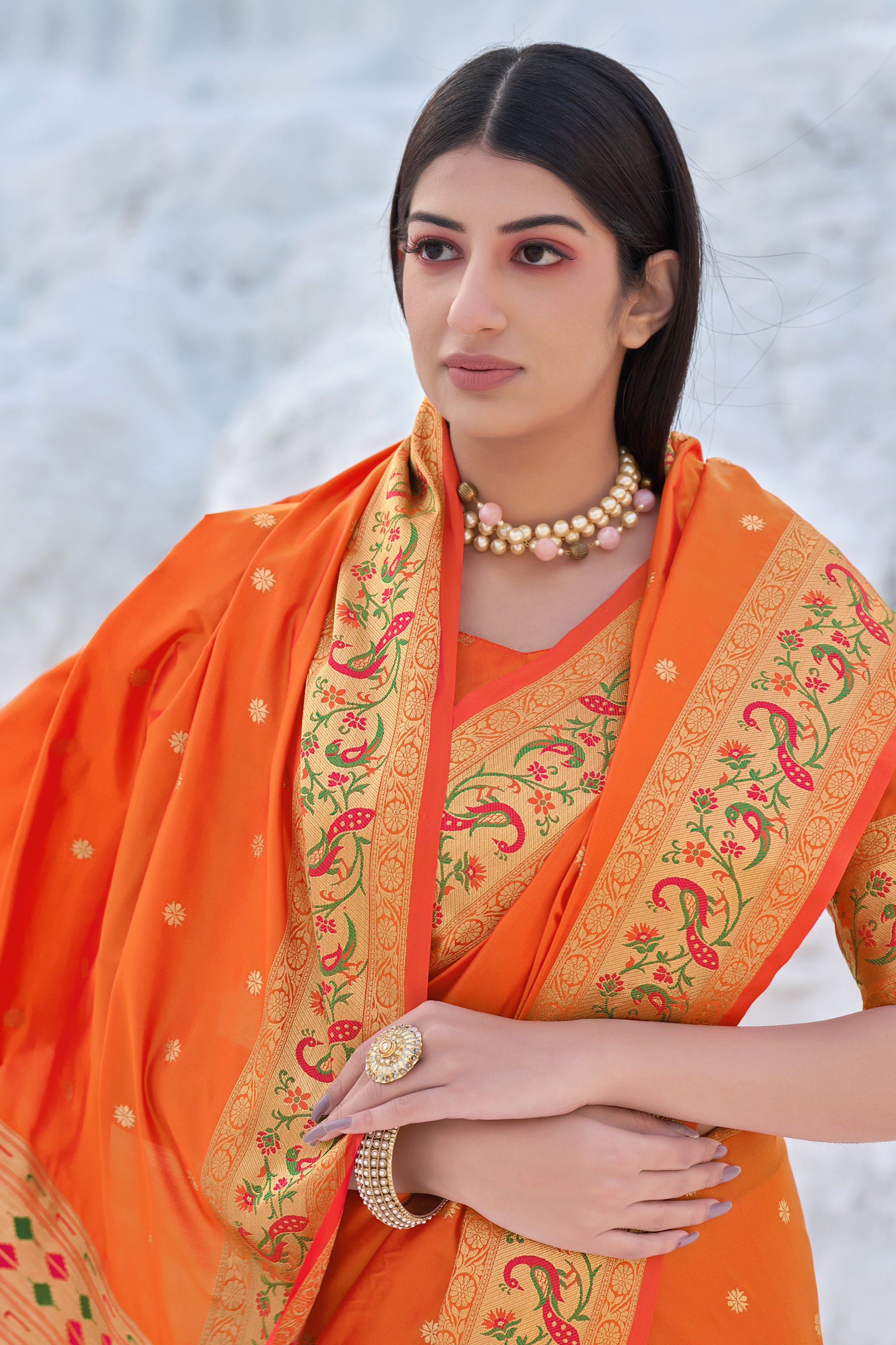 Women's Orange Weaving Banarasi Silk Traditonal Saree - Monjolika