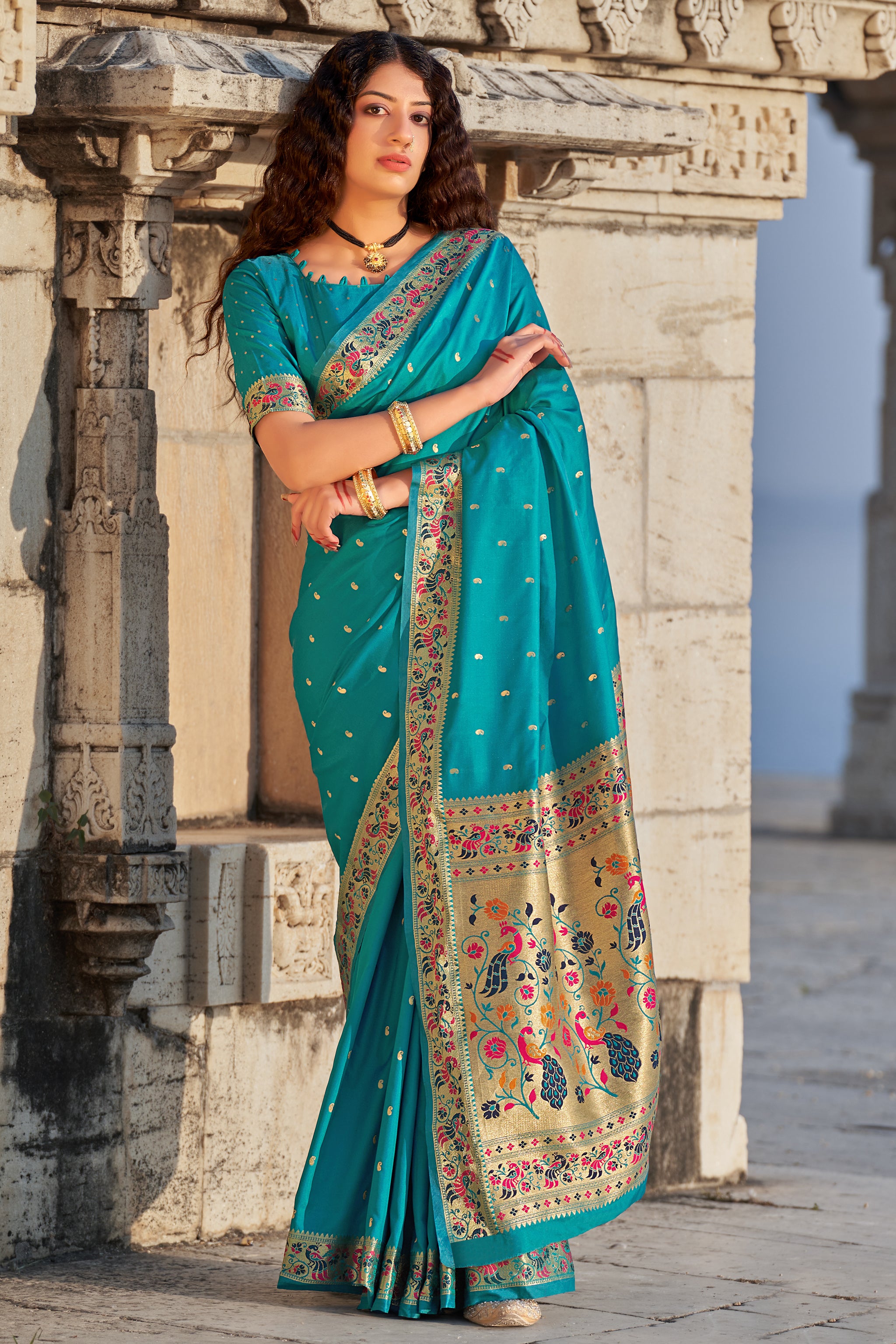 Women's Turquoise Weaving Banarasi Silk Classic Saree - Monjolika