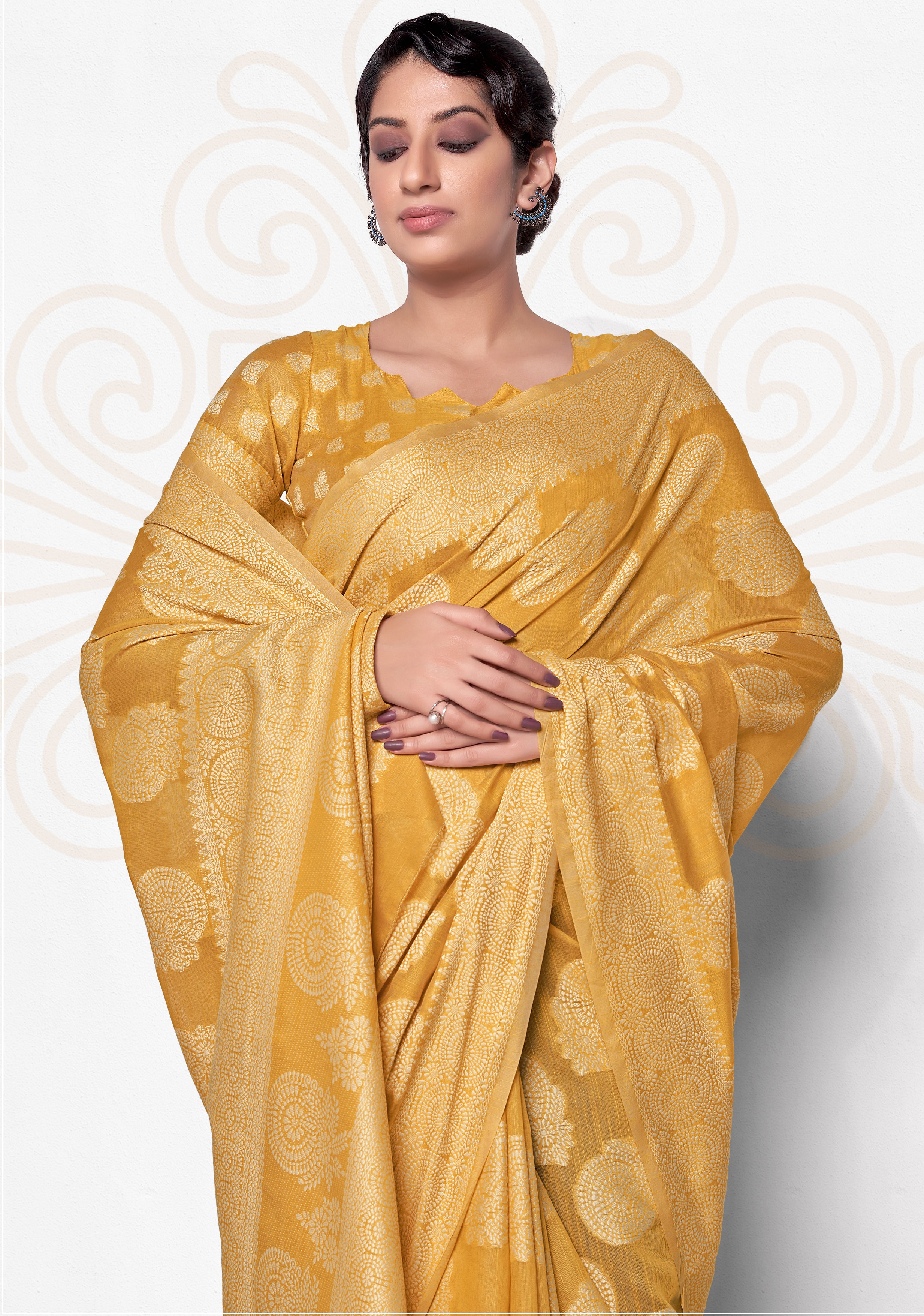 Women's Lakhnavi work Yellow Cotton Silk Casual Saree - Monjolika