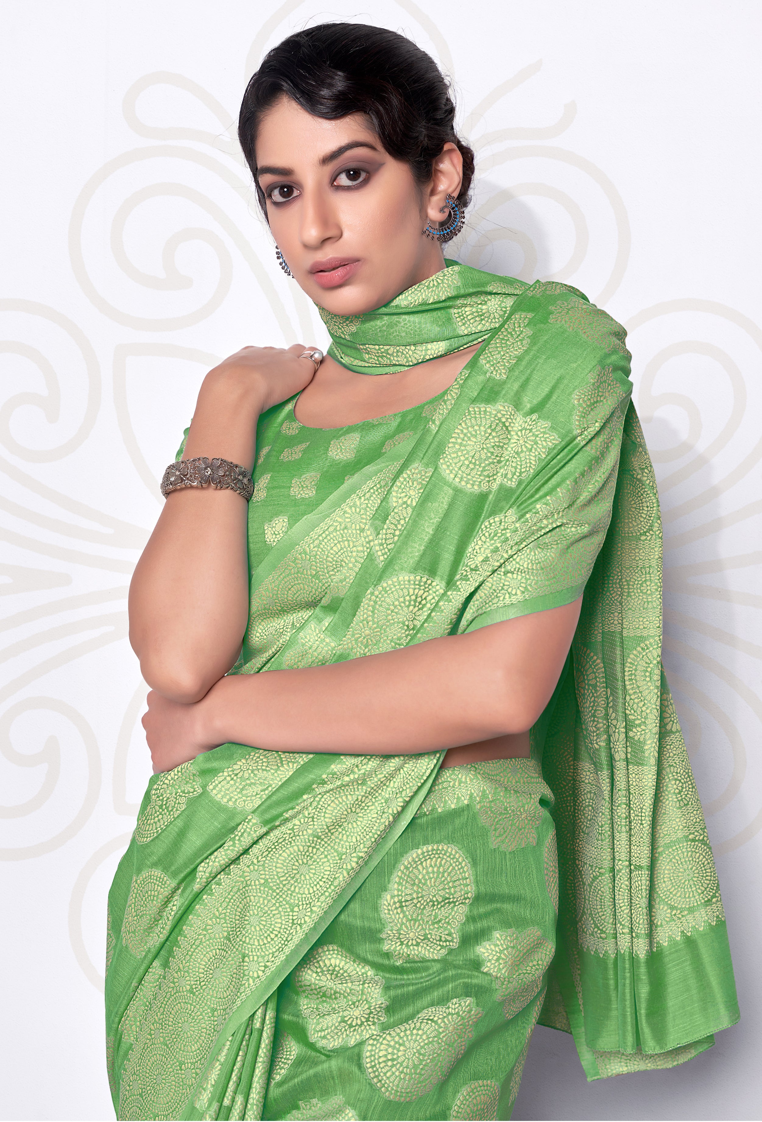 Women's Lakhnavi work Light Green Cotton Silk Casual Saree - Monjolika
