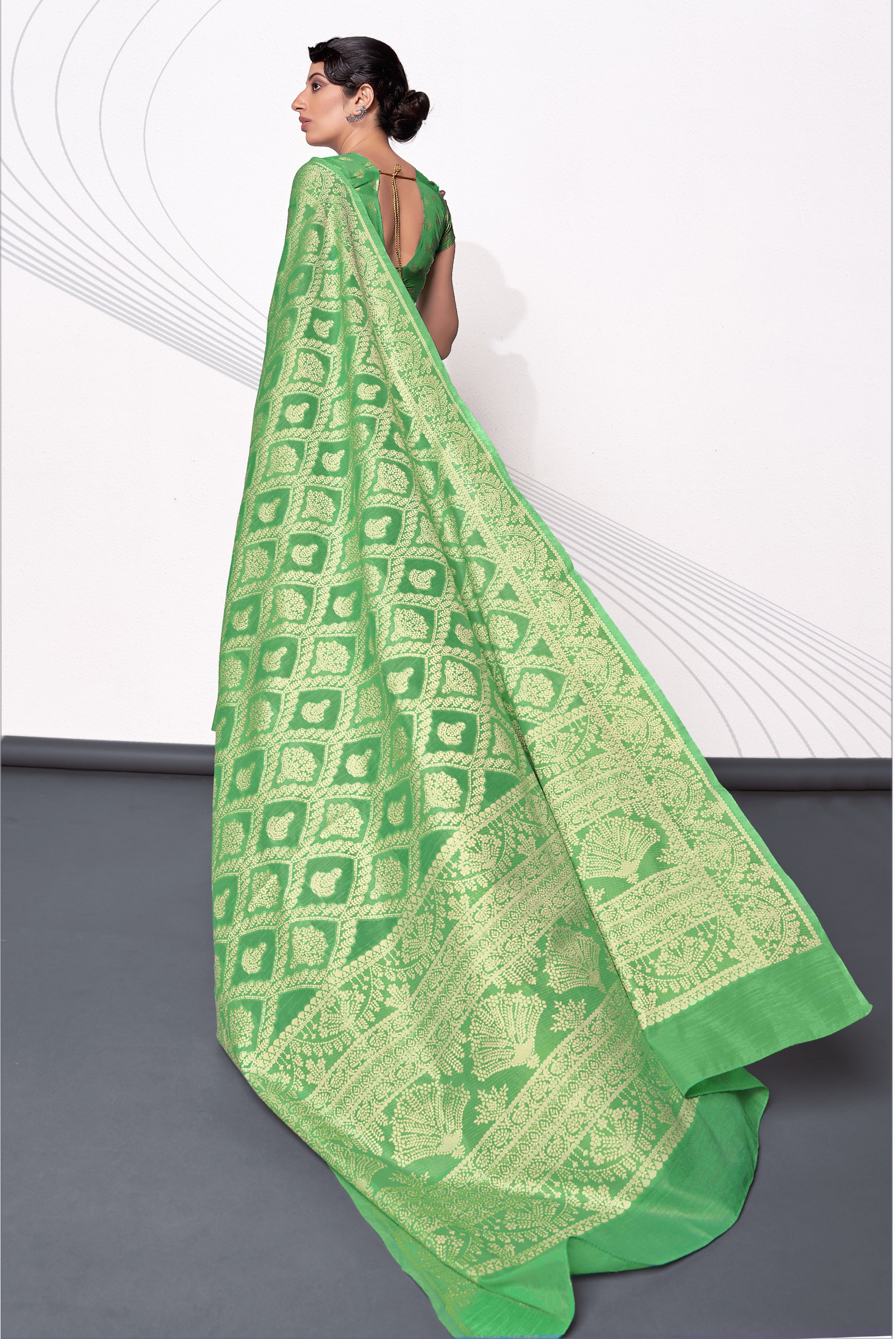 Women's Lakhnavi work Parrot Green Cotton Silk Casual Saree - Monjolika