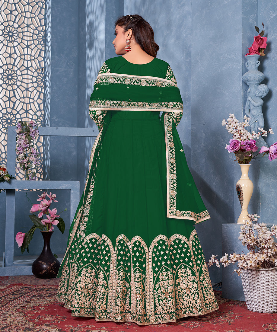 Women's Green Net Designer Floor Length Anarkali Suit - Monjolika