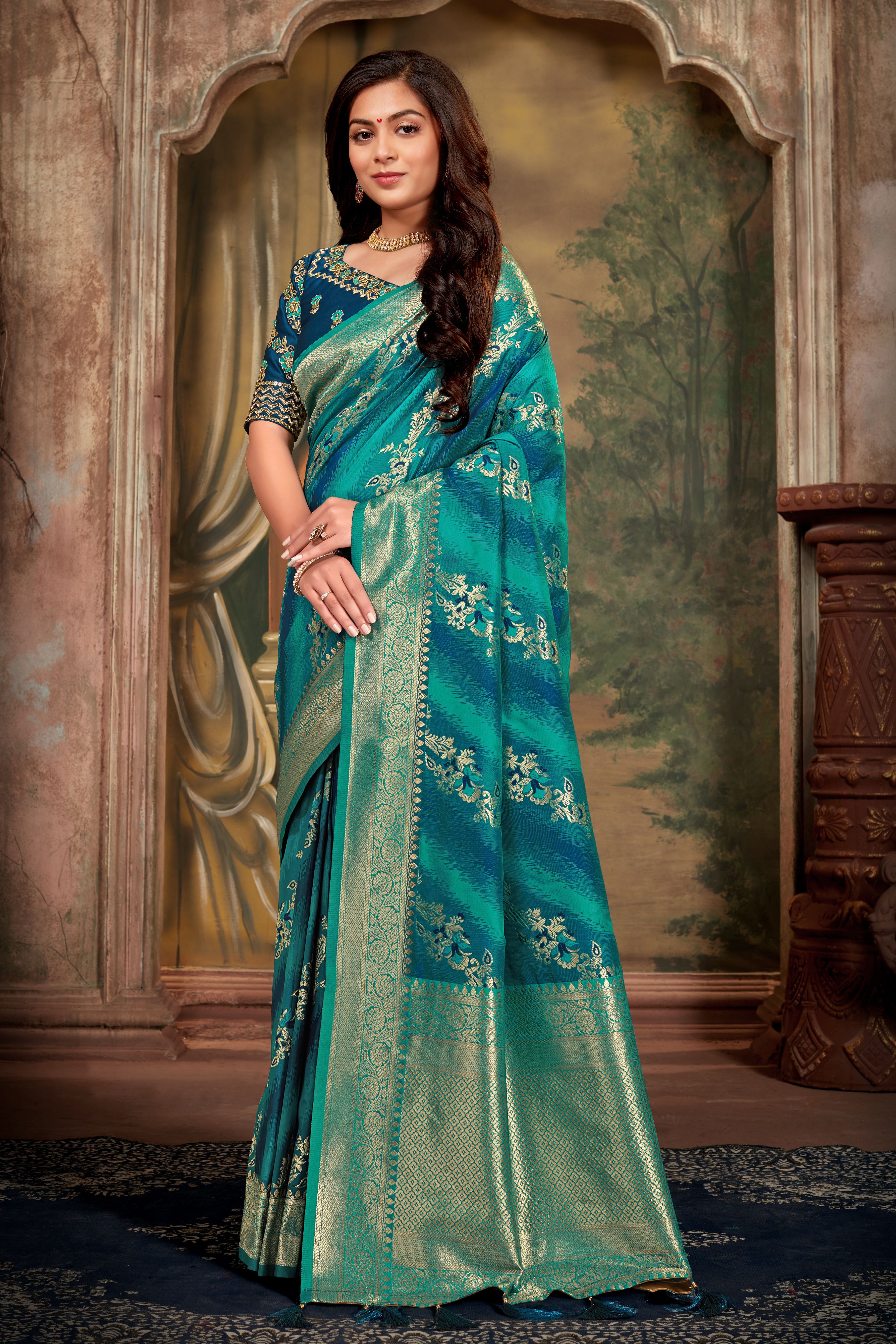 Women's Turquoise Weaving Zari Work Banarasi Silk Classic Saree - Monjolika