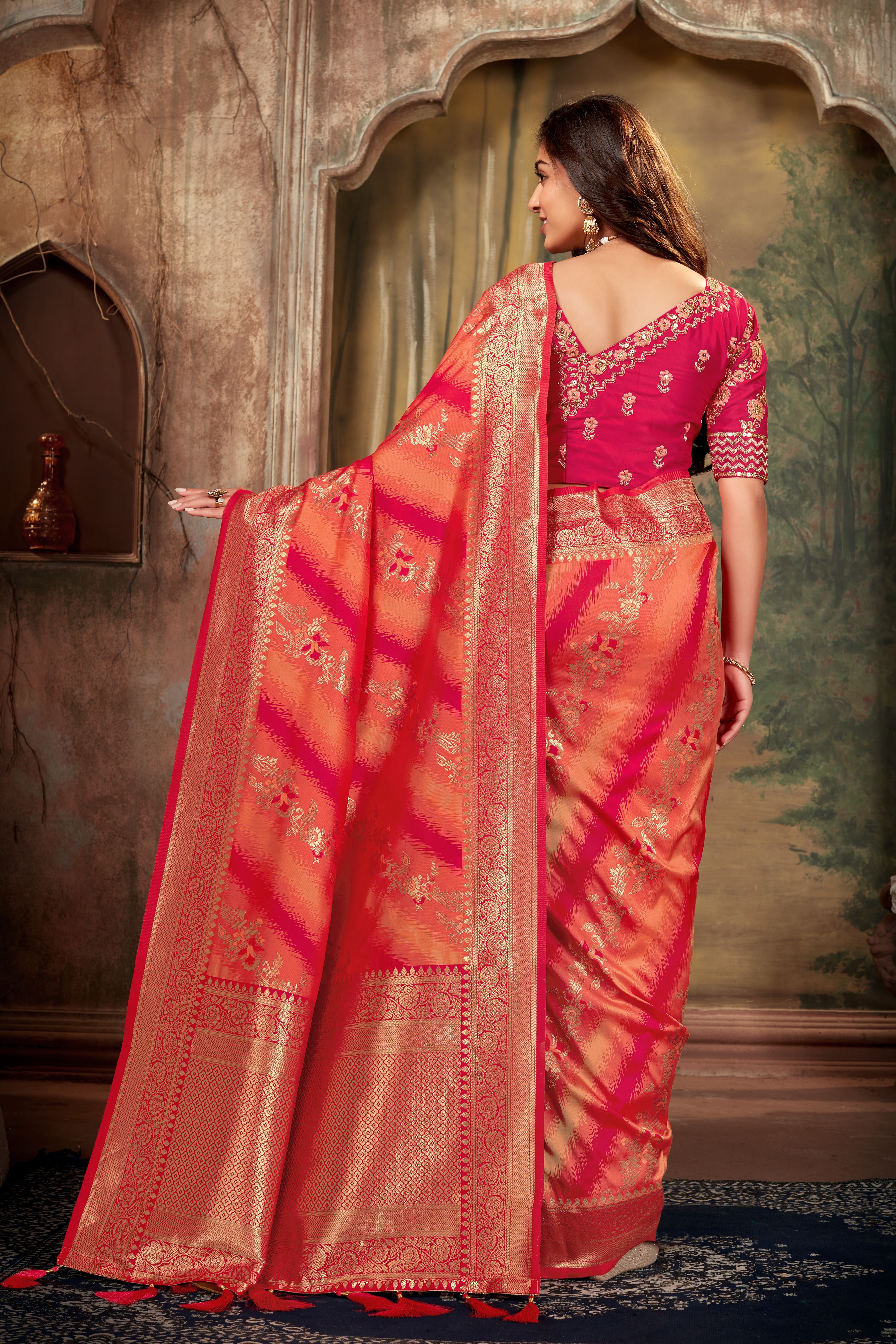 Women's Rani Pink Weaving Zari Work Banarasi Silk Classic Saree - Monjolika