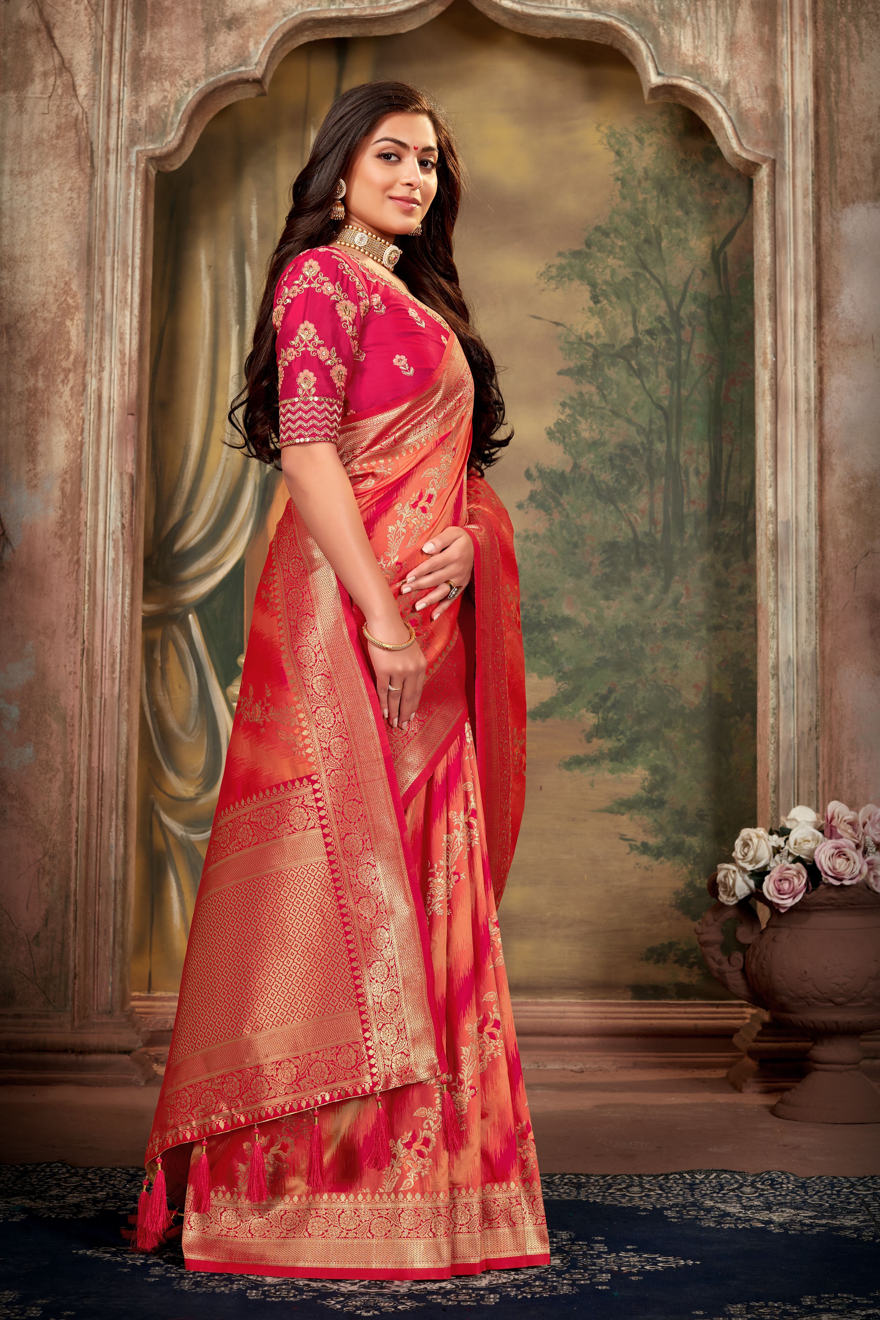 Women's Rani Pink Weaving Zari Work Banarasi Silk Classic Saree - Monjolika
