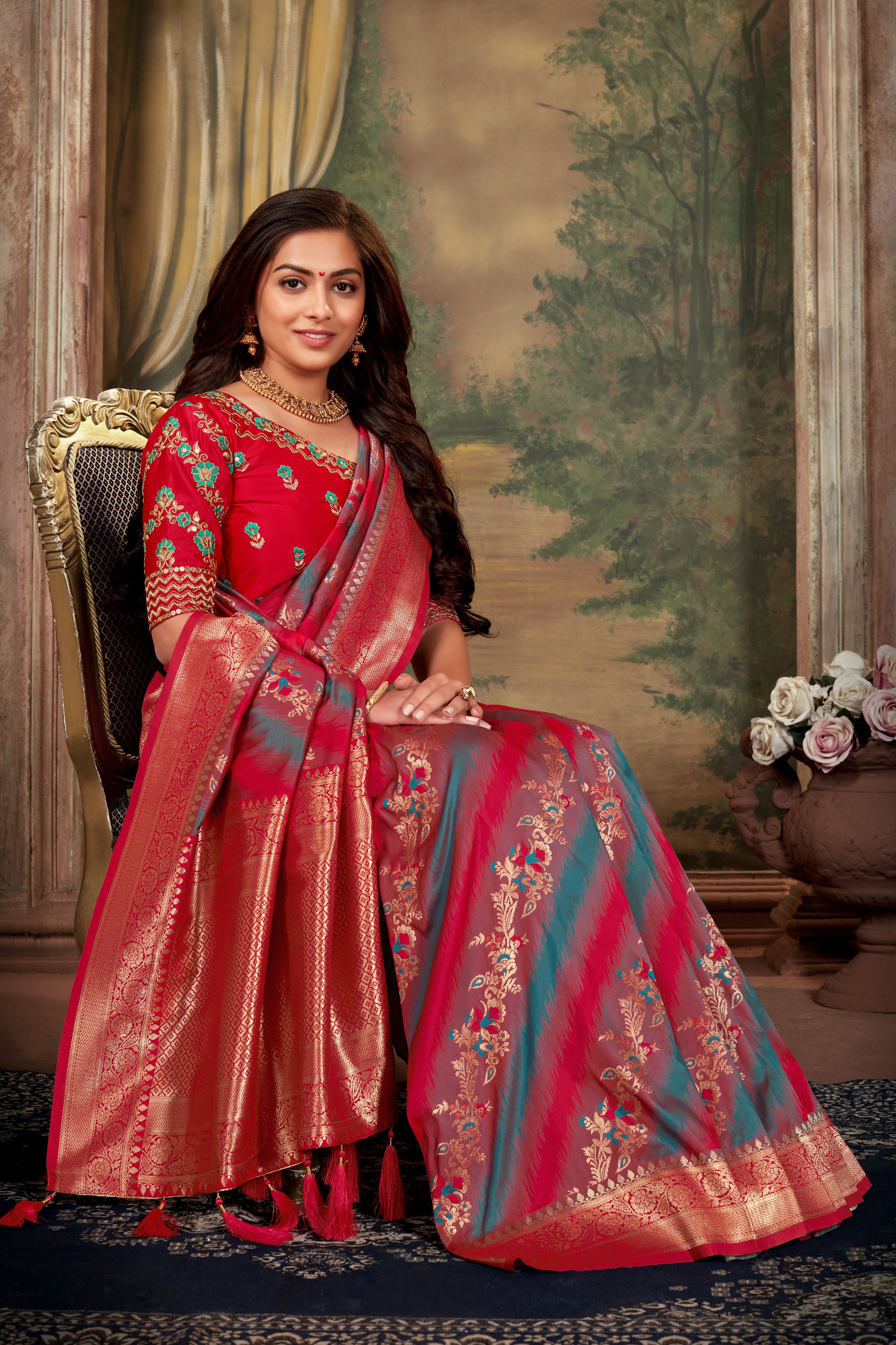 Women's Red Weaving Zari Work Banarasi Silk Classic Saree - Monjolika