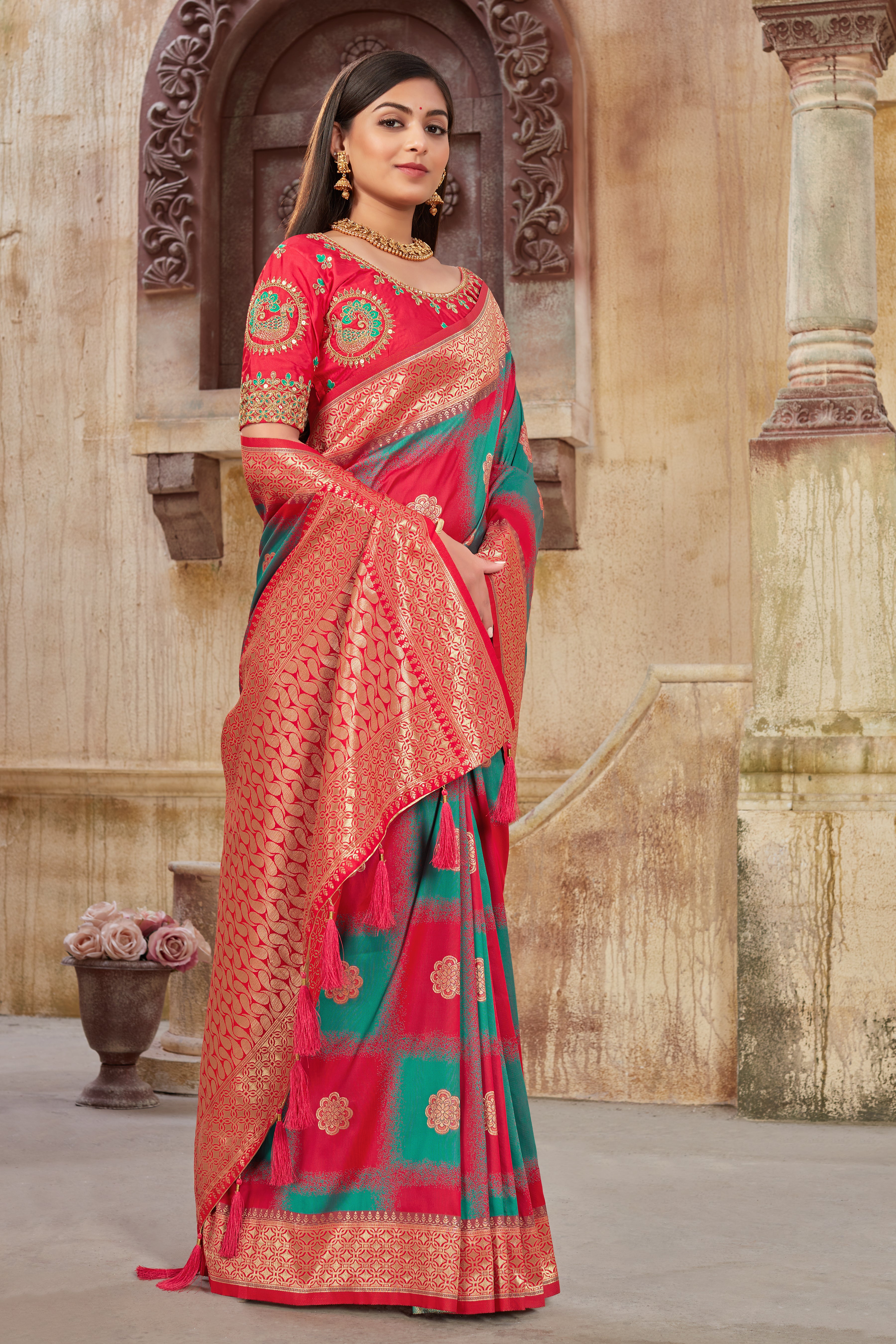 Women's Red Weaving Zari Work Banarasi Silk Classic Saree - Monjolika