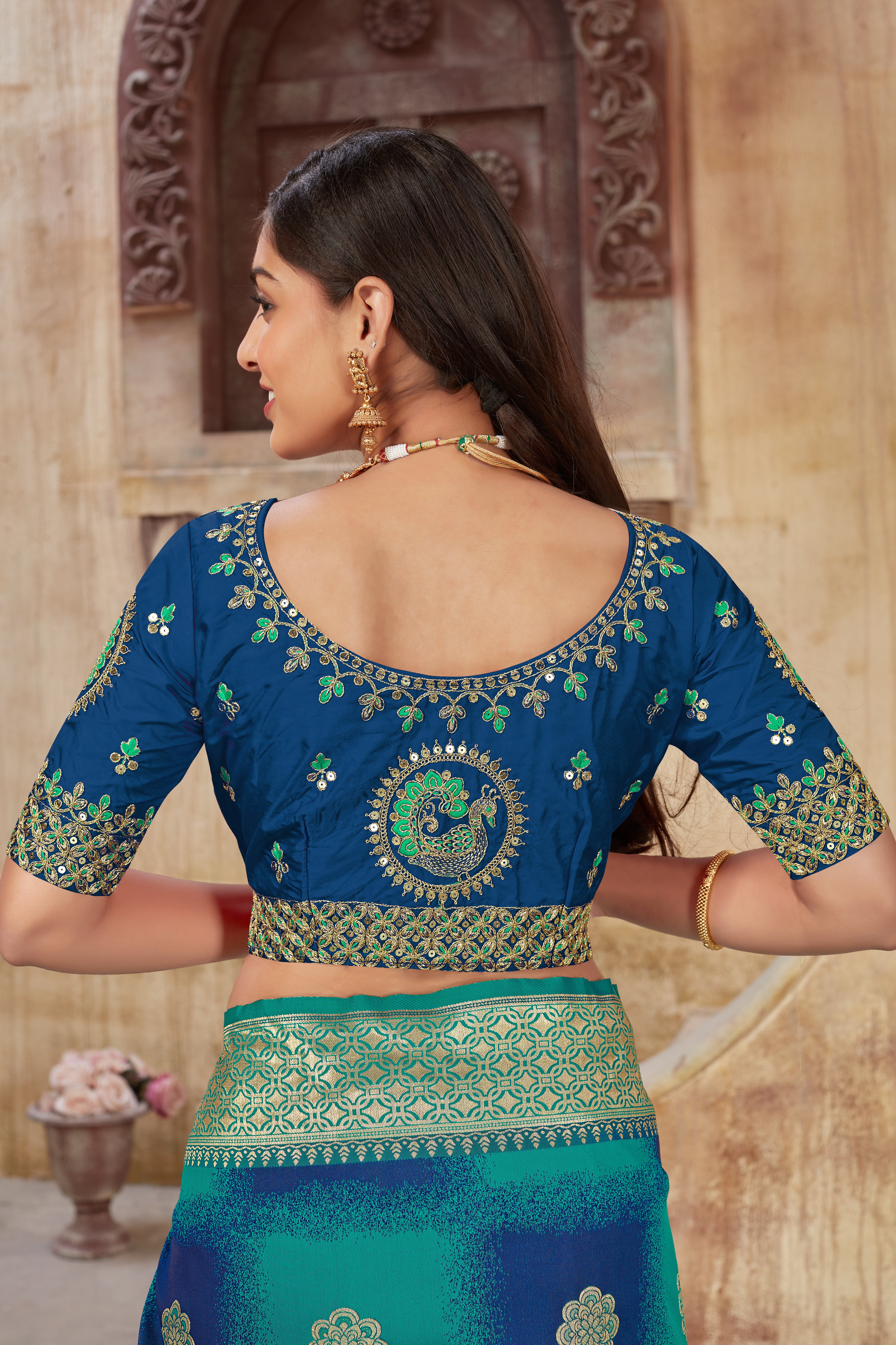 Women's Turquoise Weaving Zari Work Banarasi Silk Classic Saree - Monjolika