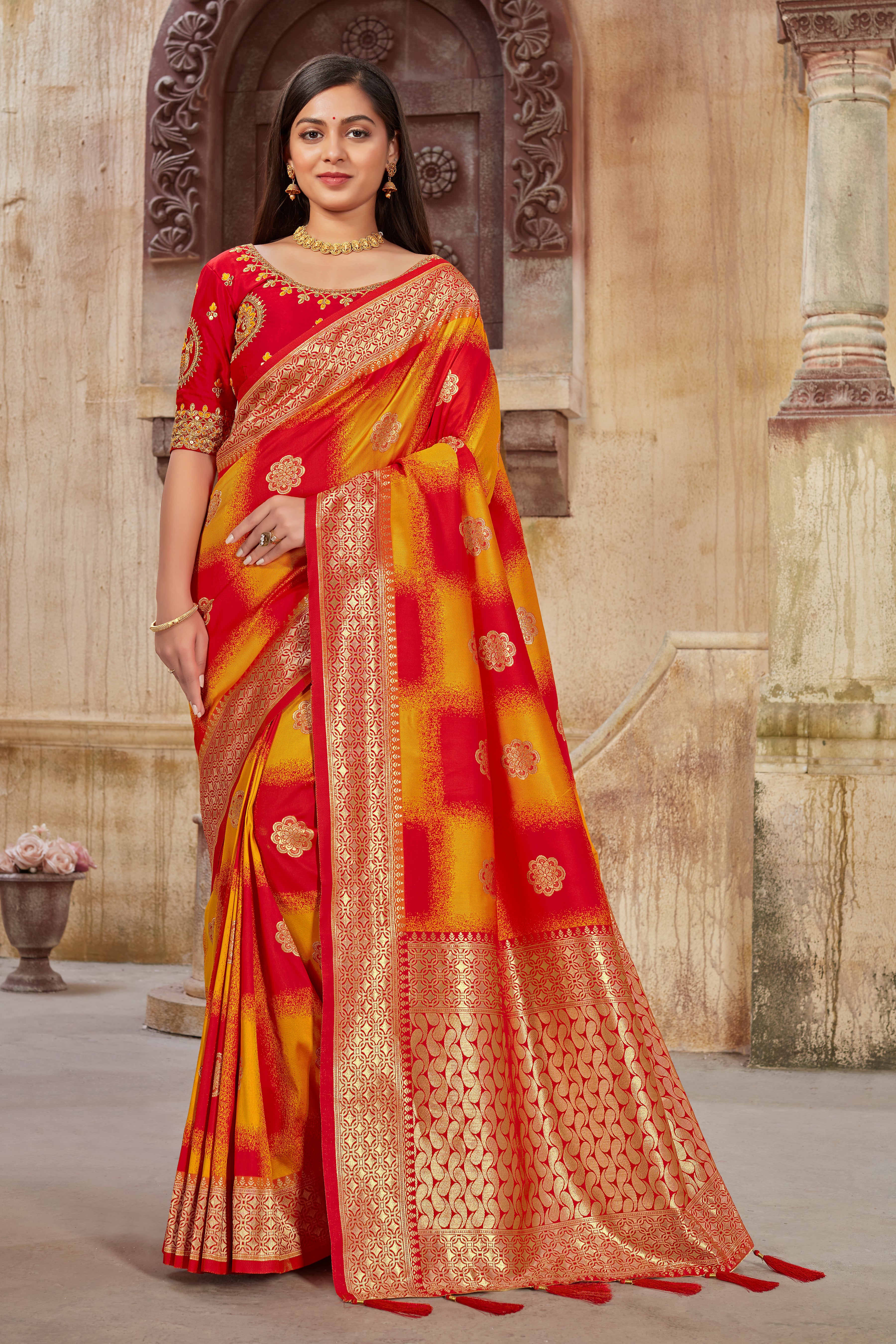 Women's Red and Orange Weaving Zari Work Banarasi Silk Classic Saree - Monjolika