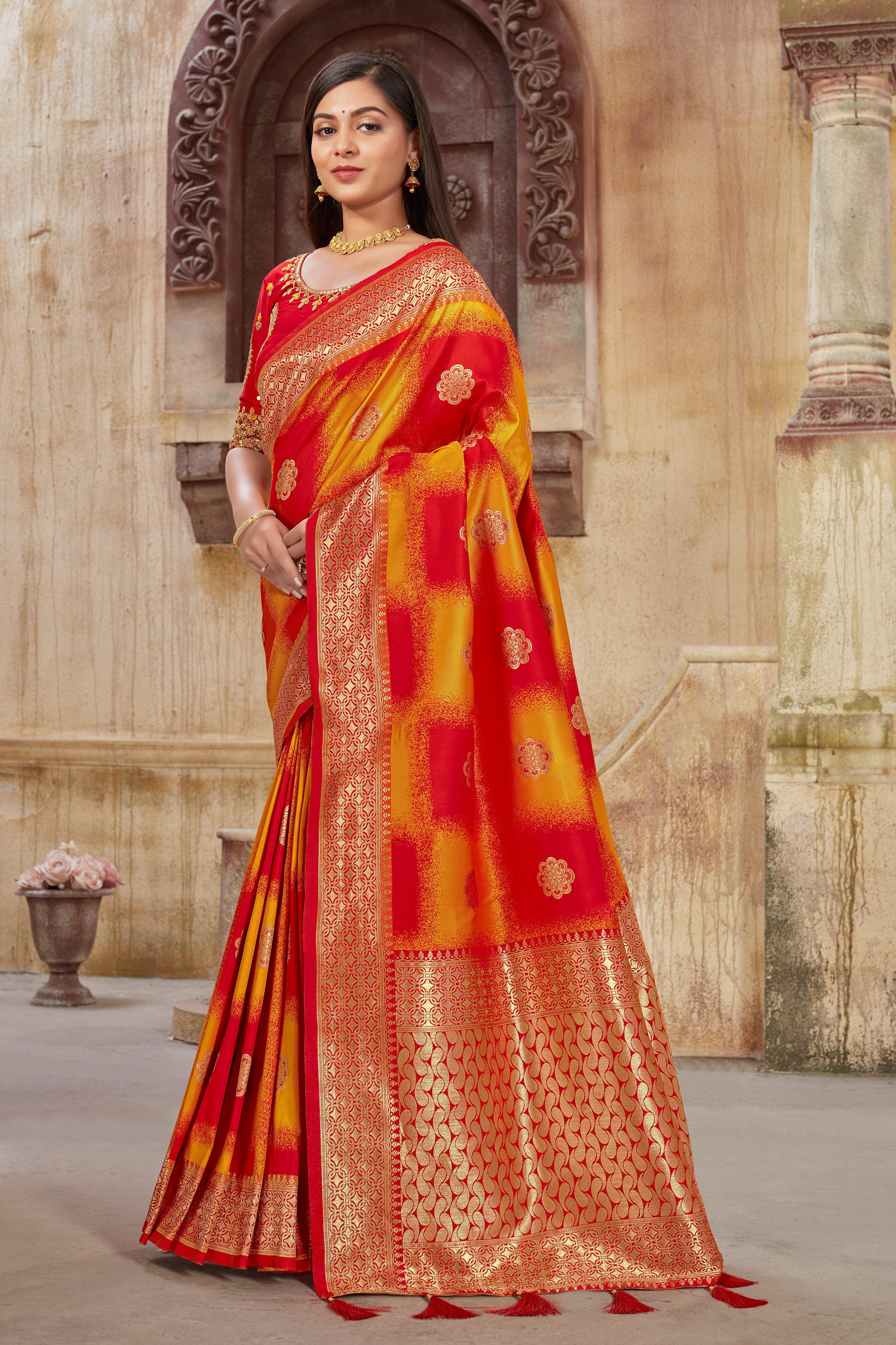 Women's Red and Orange Weaving Zari Work Banarasi Silk Classic Saree - Monjolika