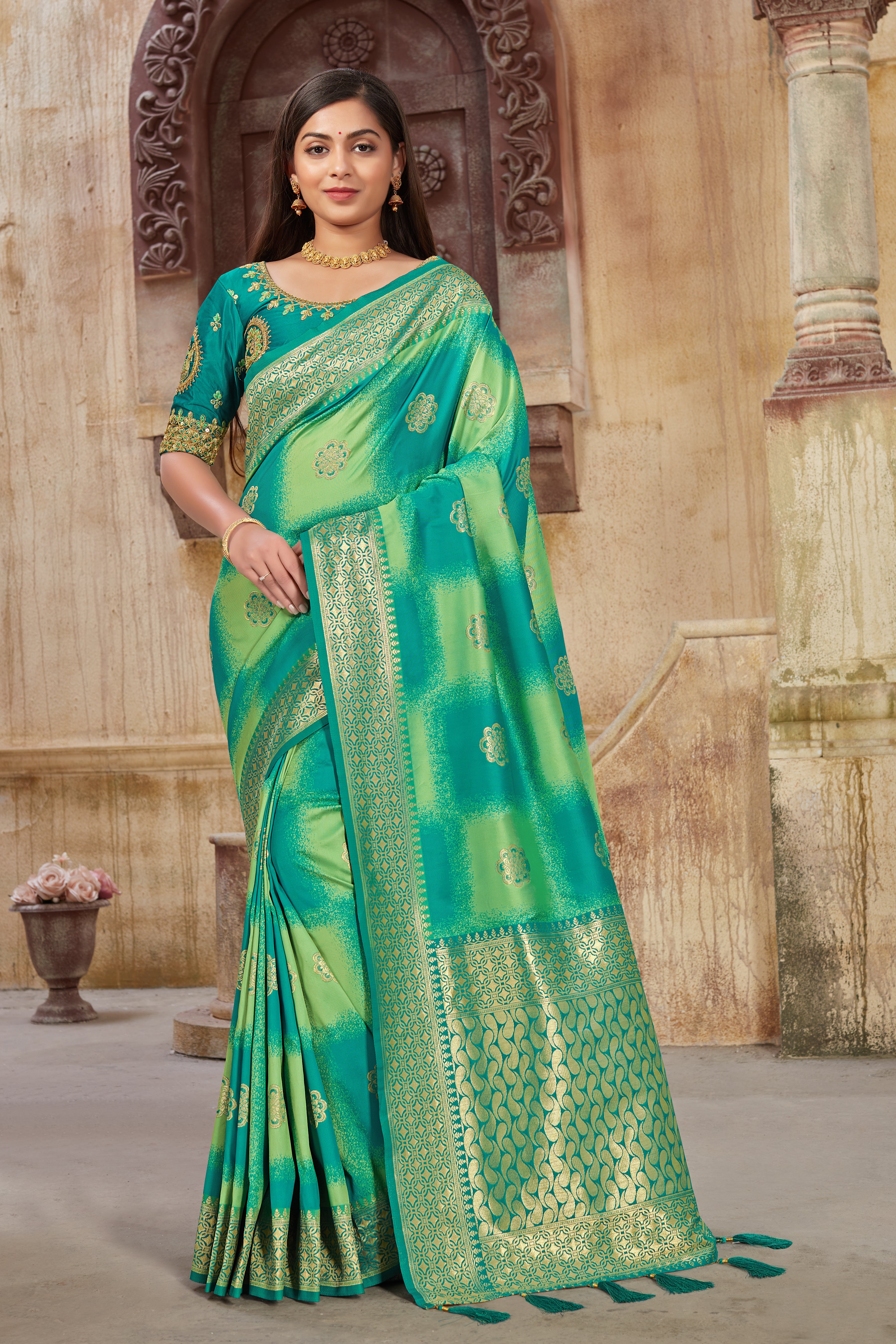 Women's Sea Green Weaving Zari Work Banarasi Silk Classic Saree - Monjolika