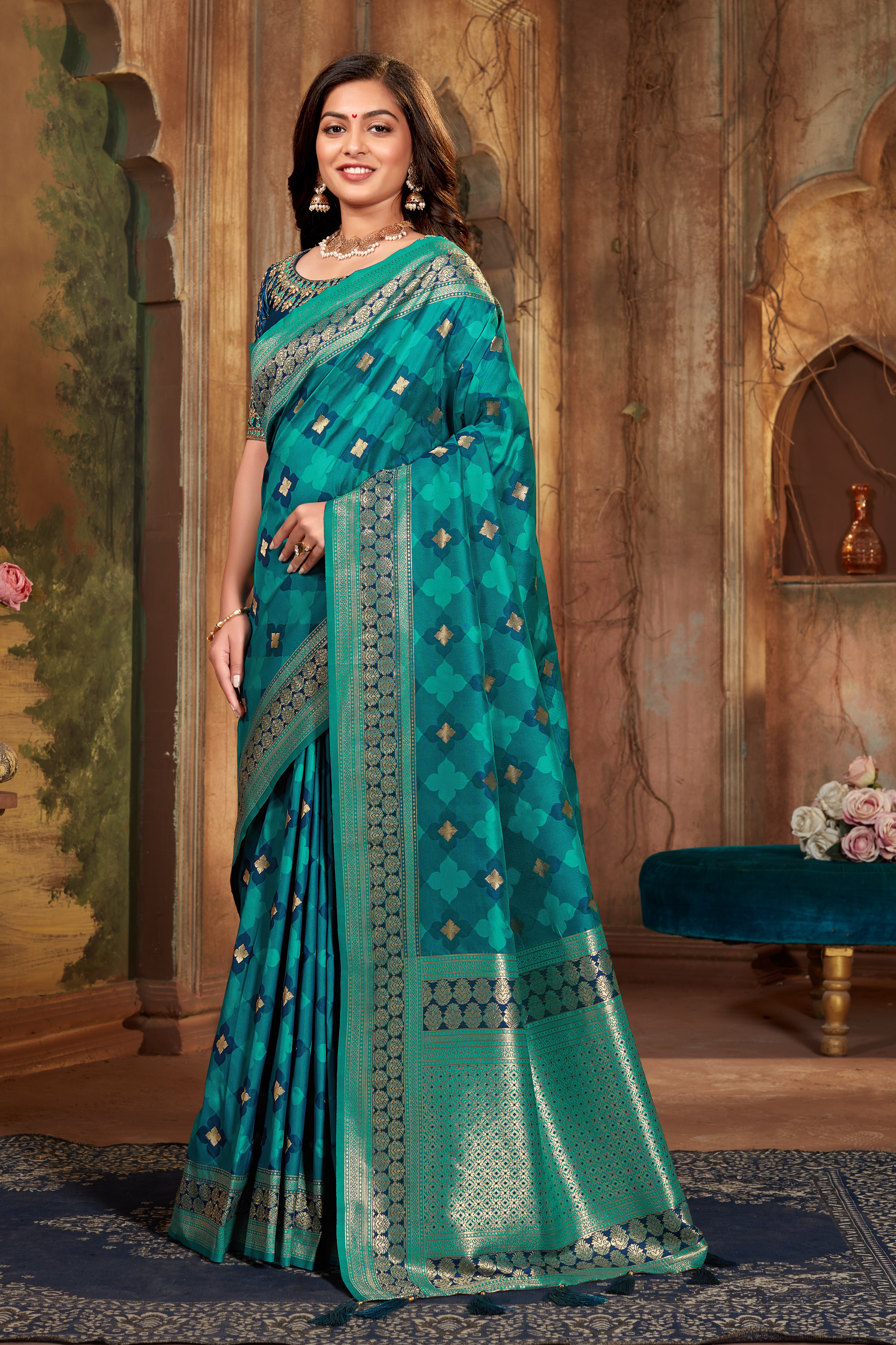 Women's Turquoise Banarasi Silk Classic Saree With Heavy Work Blouse - Monjolika