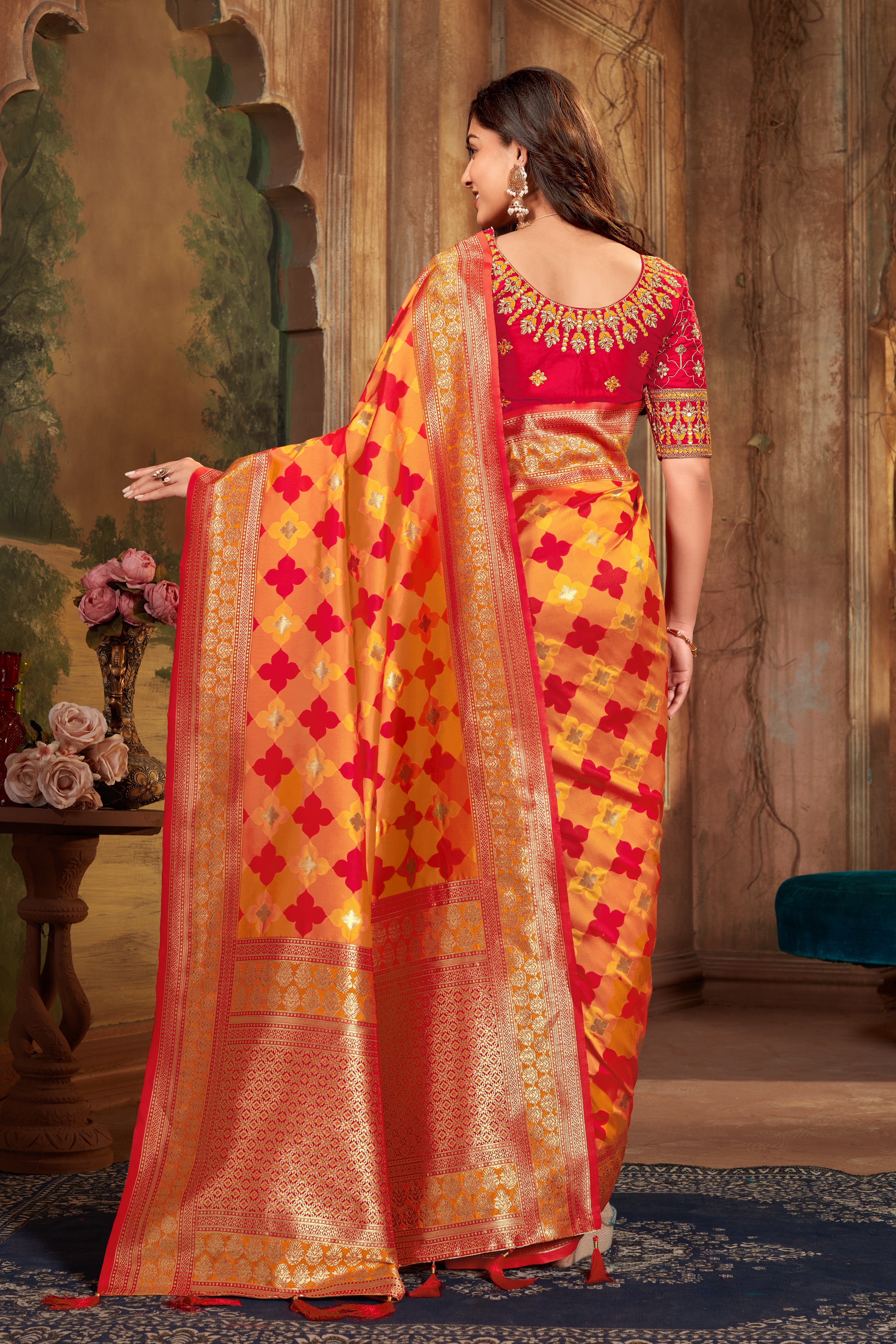 Women's Red and Orange Banarasi Silk Classic Saree With Heavy Work Blouse - Monjolika