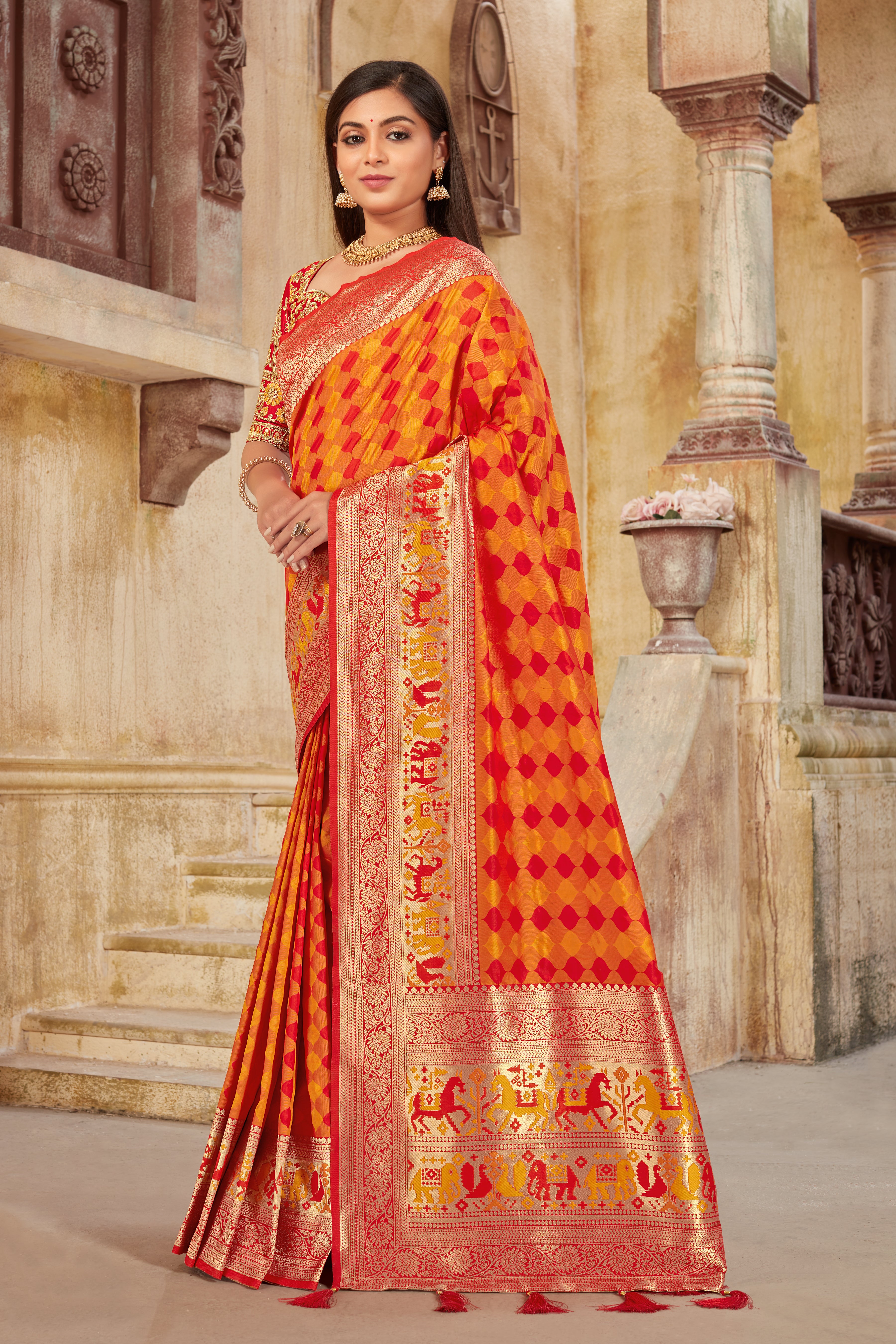 Women's Red and Orange Banarasi Silk Classic Saree With Heavy Work Blouse - Monjolika