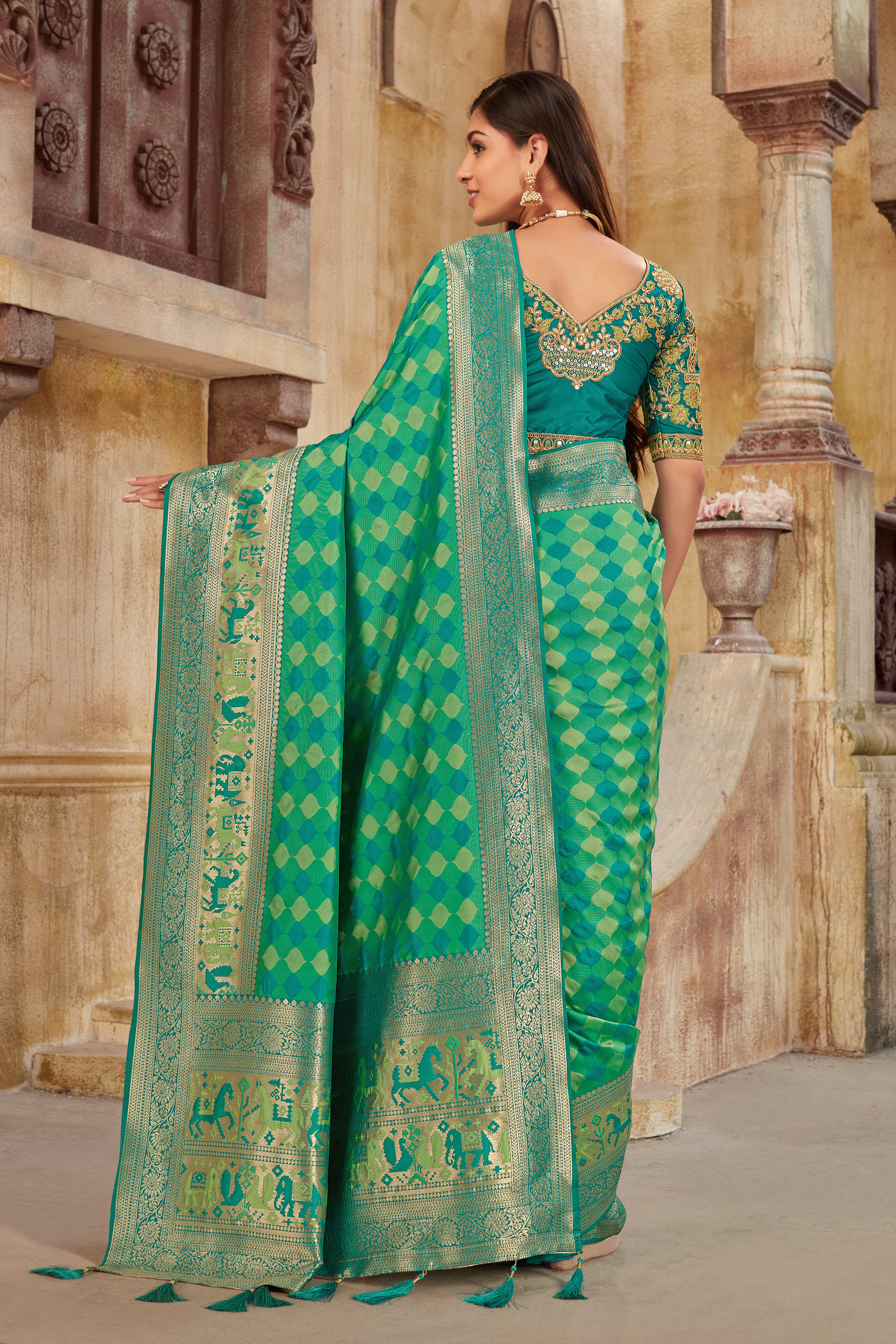 Women's Sea Green Banarasi Silk Classic Saree With Heavy Work Blouse - Monjolika
