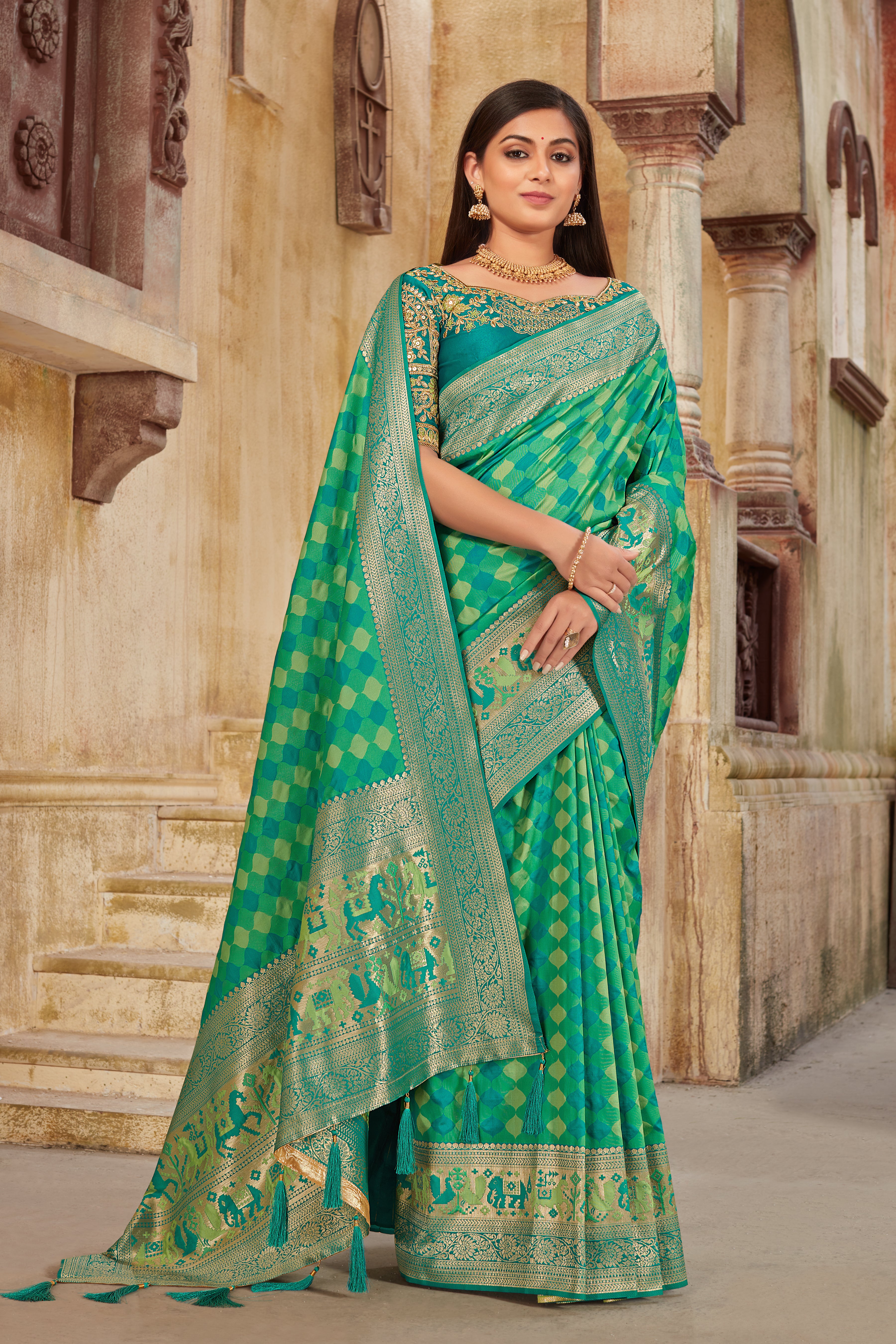 Women's Sea Green Banarasi Silk Classic Saree With Heavy Work Blouse - Monjolika