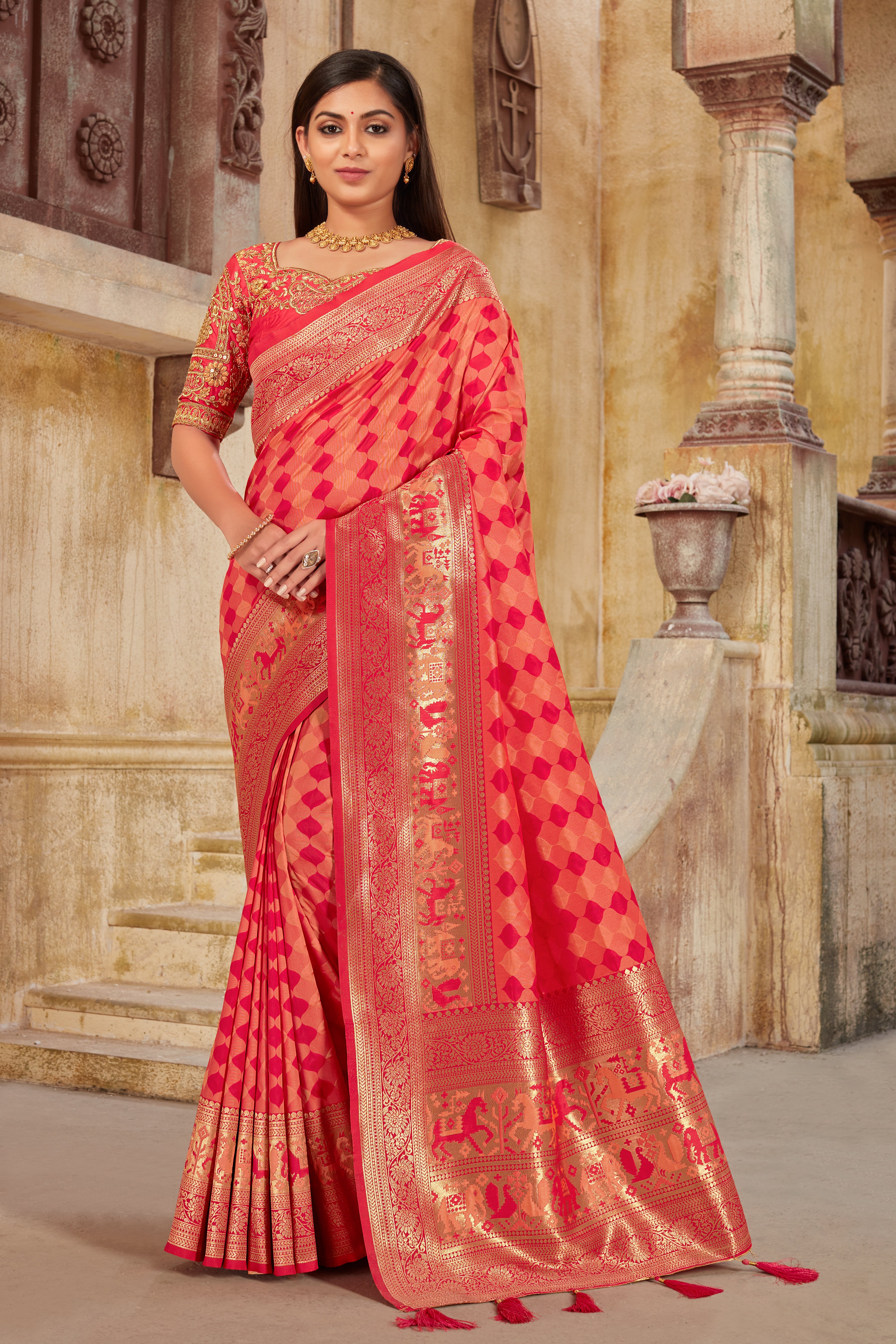 Women's Multicolor Weaving Zari Work Banarasi Silk Classic Saree - Monjolika