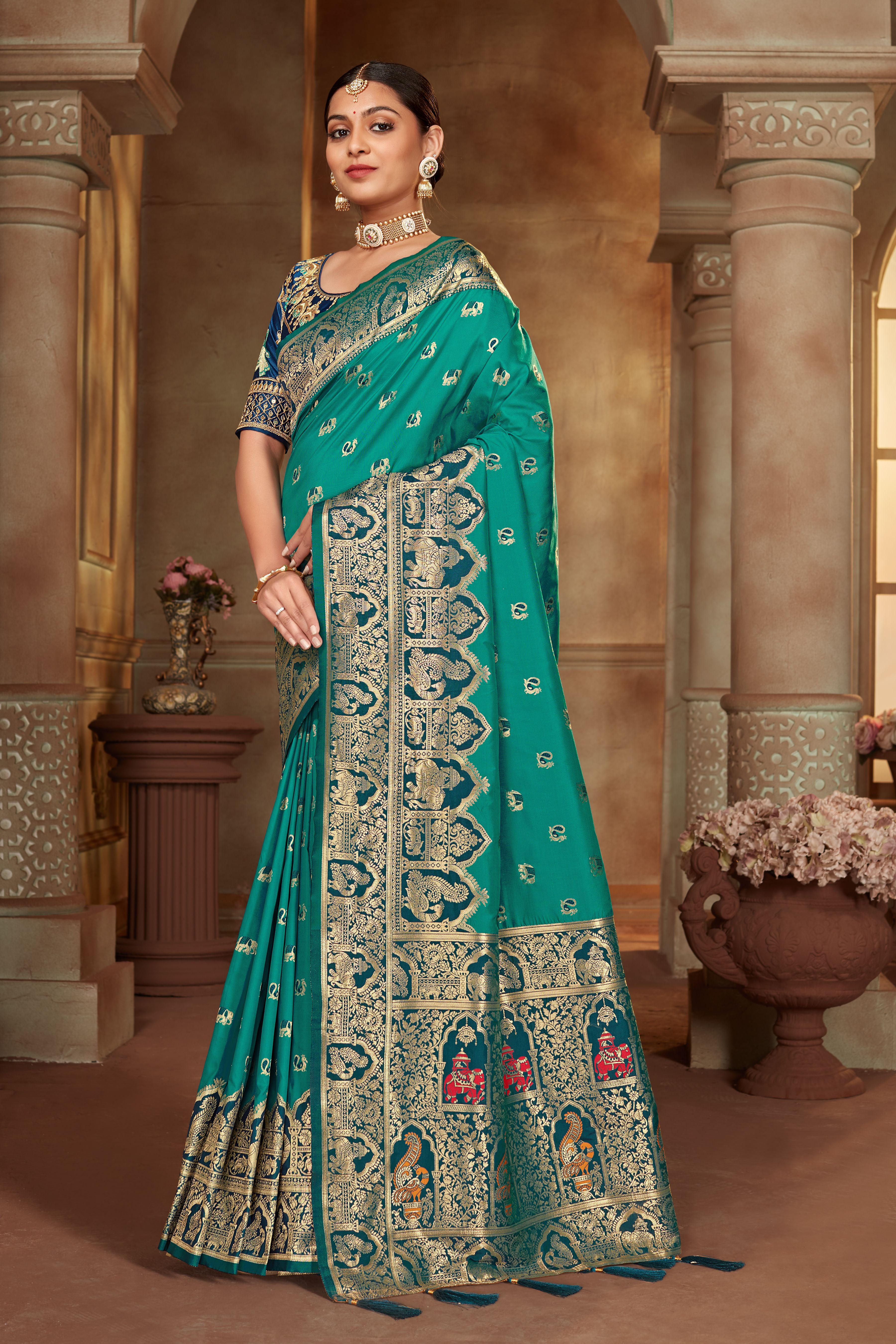 Women's Teal Color Banarasi Silk Woven Tradtional Saree With Heavy work Blouse - Monjolika