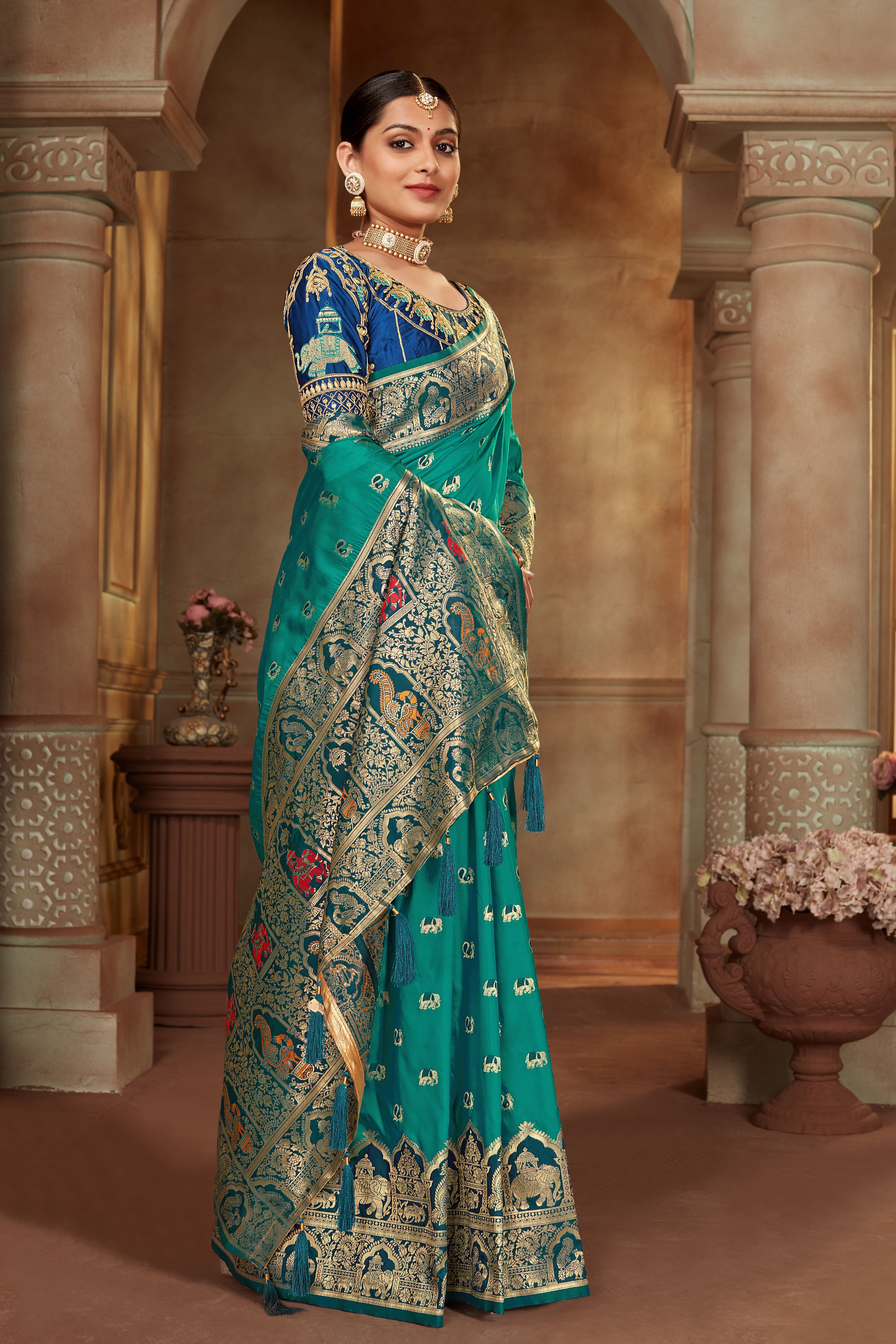 Women's Teal Color Banarasi Silk Woven Tradtional Saree With Heavy work Blouse - Monjolika
