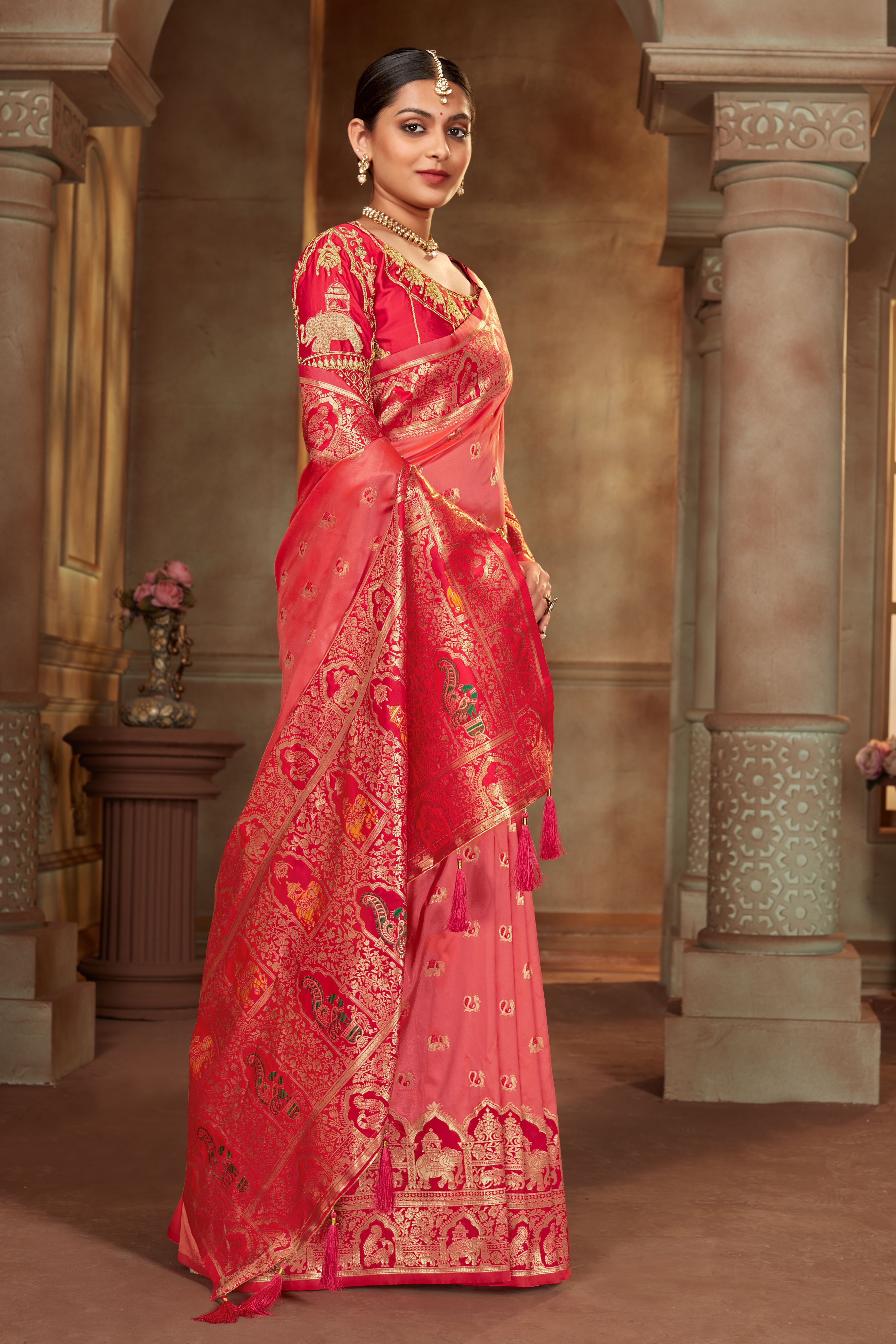 Women's Peach Color Banarasi Silk Woven Tradtional Saree With Heavy work Blouse - Monjolika